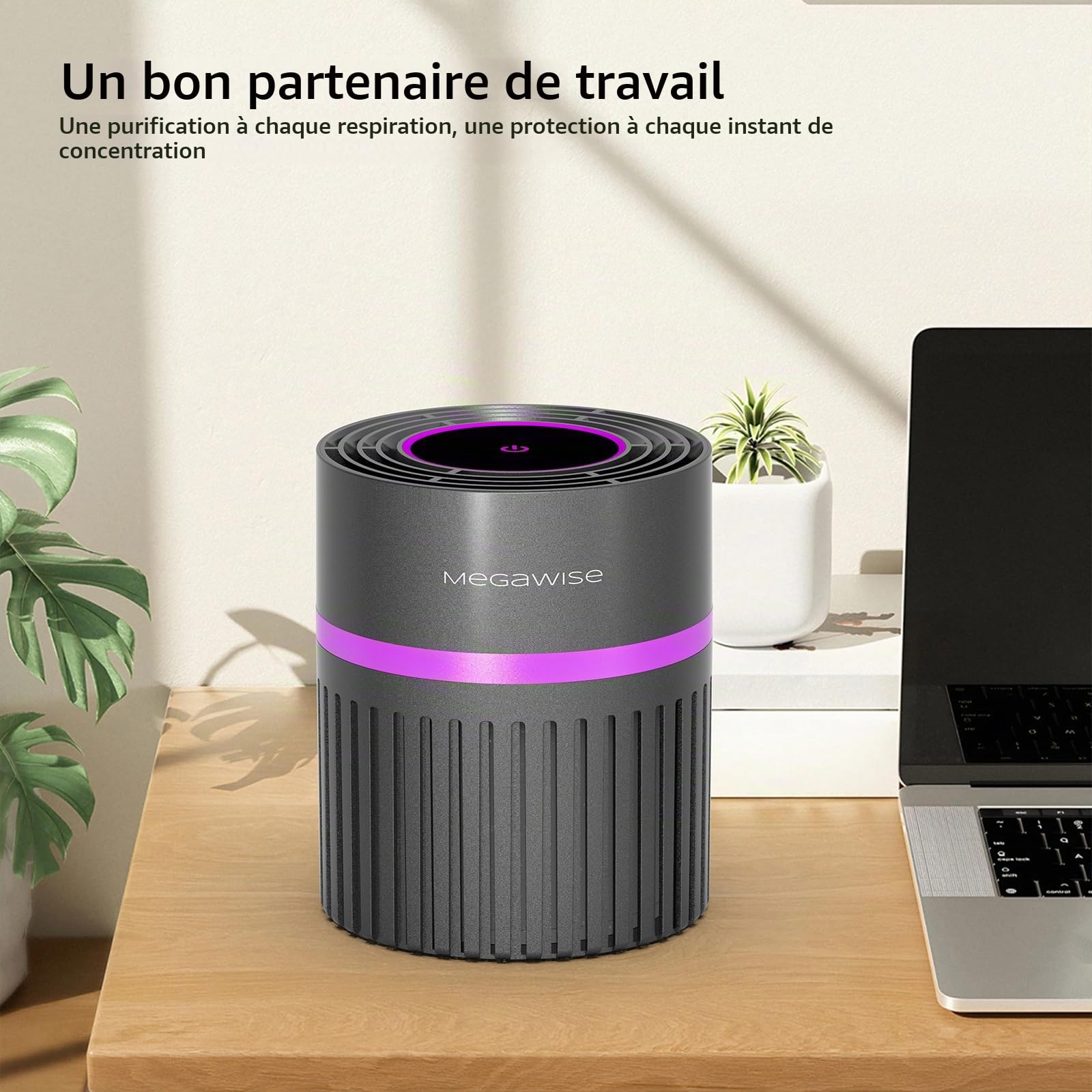 MEGAWISE H13 Purificateur d'air HEPA pour la maison, le bureau avec véritable filtre HEPA pour éliminer les particules à 99,97 %, design compact ultra silencieux pour chambre, bureau et petites pièces