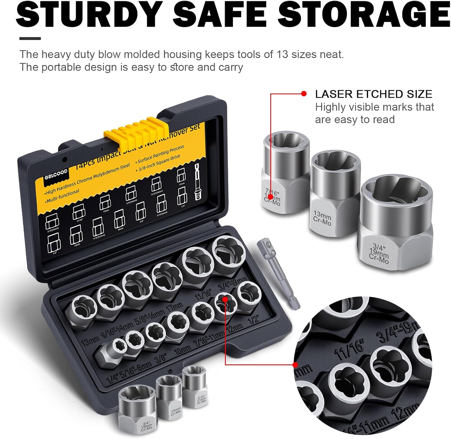 Bolt Extractor Kit, 14 PCS Impact Bolt & Nut Remover Set with 3/8 Inch Adapter, Upgrade Stripped Bolt Extractor Socket Set with Portable Tool Box, Easy Out for Rusted, Damaged, Round Bolt Nuts Screws