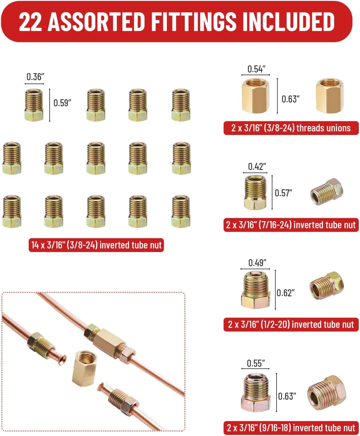 25 ft 3/16in Copper Coated Brake Line Flaring Tool Kit, Includes 3-in-1 Tube Bender, Double & Single Flaring Tool Set, 1 Tube Cutter, 2 Threads Unions, 20 Fittings