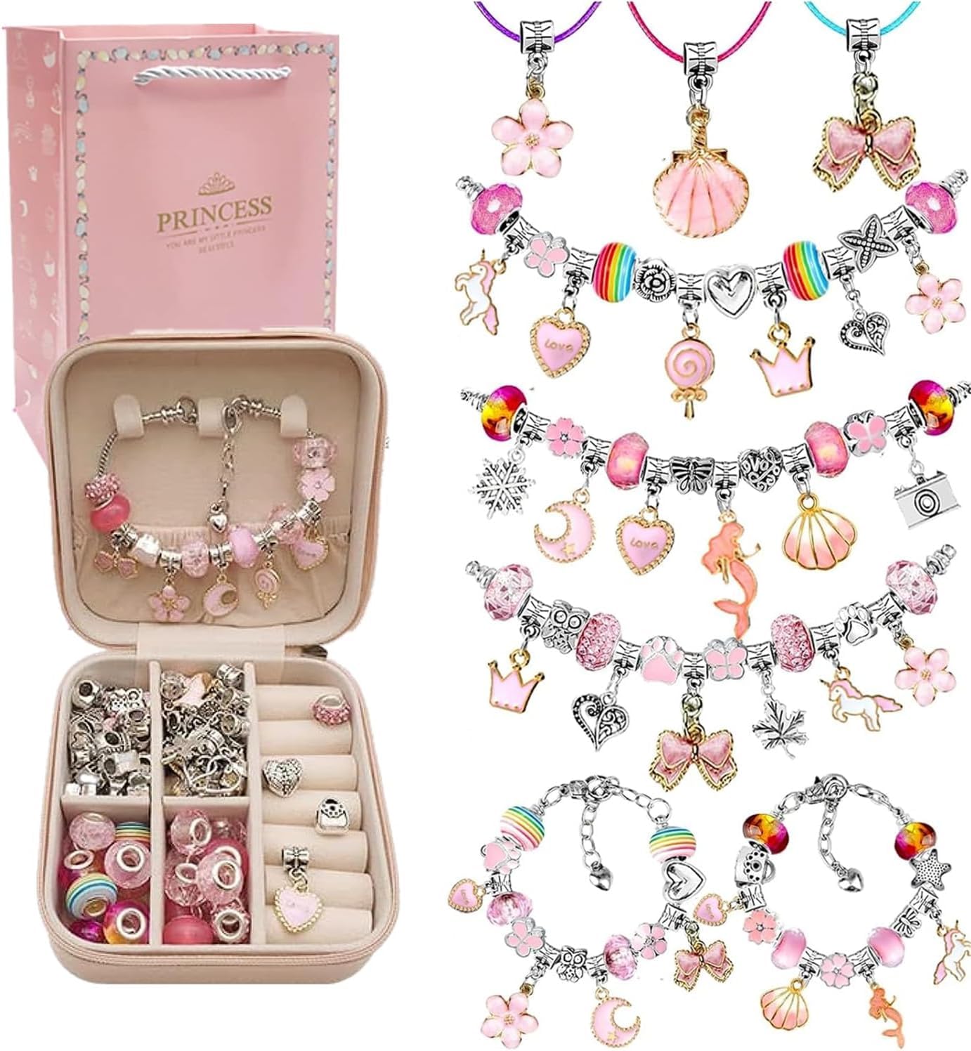 EETU Charm Bracelet Making kit for Girls,68PC Charm Bracelet Kit with Jewelry Box, Gift Bag, and Bracelets, Beads, Charms and Pendants,for 6-14 Years Old Girls' Arts and Crafts for Birthday