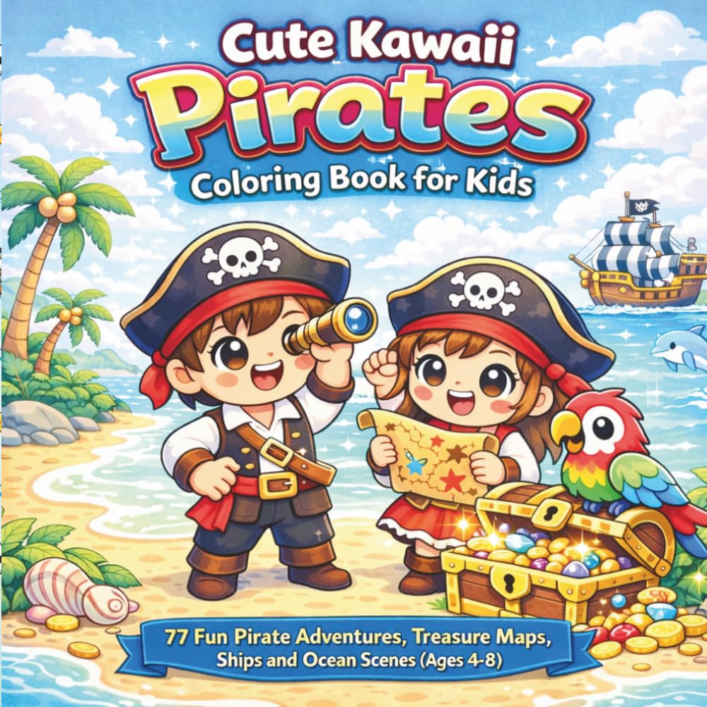 Cute Kawaii Pirates Coloring Book for Kids: 77 Fun Pirate Adventures, Treasure Maps, Ships and Ocean Scenes (Ages 4-8)