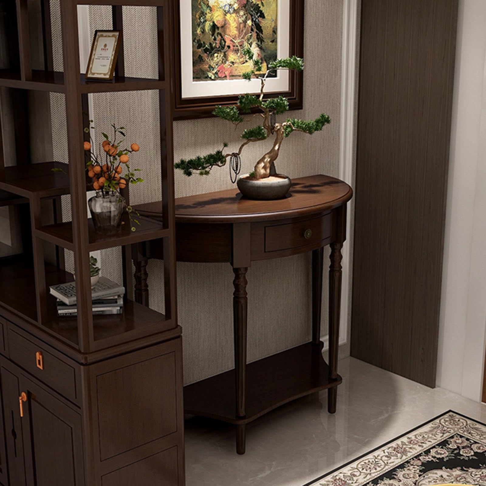 MESCXTY Half Moon Console Entryway Table, Solid Wood Tables with Drawer and Shelf, for Living Room,Foyer,Bedroom or Hallway(Dark Walnut,31.5 * 13 31.5in)