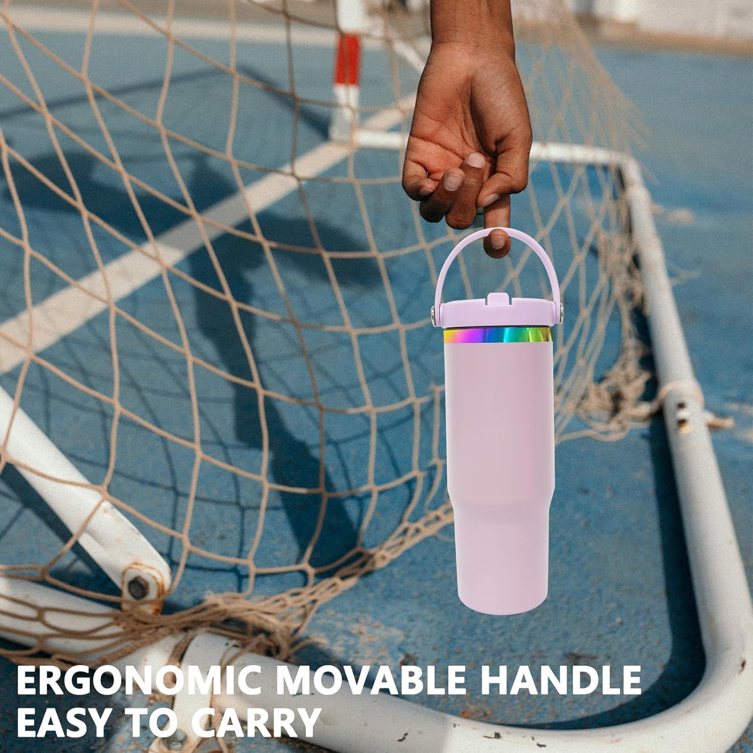 30 oz Tumbler with Handle and Straw, Vacuum Insulated Tumblers with Flip Straw and Top Handle, Leakproof Powder Coated Tumbler, Stainless Steel Travel Mug for Coffee Water (Purple) - Image 7