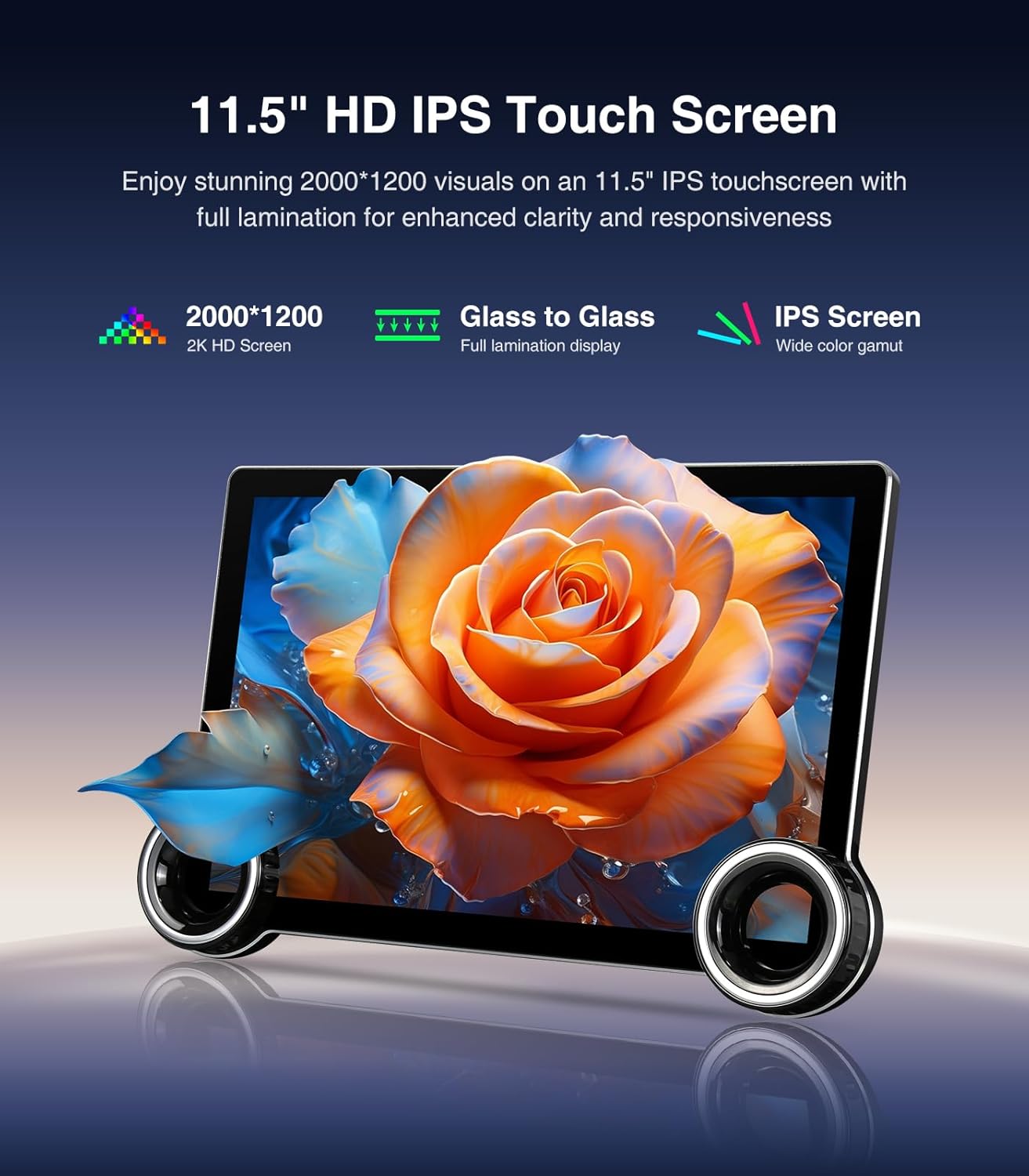Pahareup-hareup view of the 11.5-inch HD IPS touchscreen, emphasizing its clarity and wide color gamut.