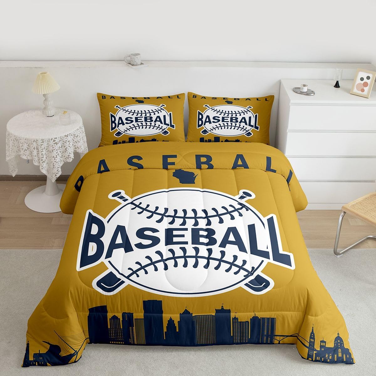 Erosebridal Baseball City Bedding Set for Boys, Baseball Comforter Set Full Size City Building Silhouette Duvet Insert for Kids Teens Adult Room, Sports Games Quilt, Yellow Navy Blue