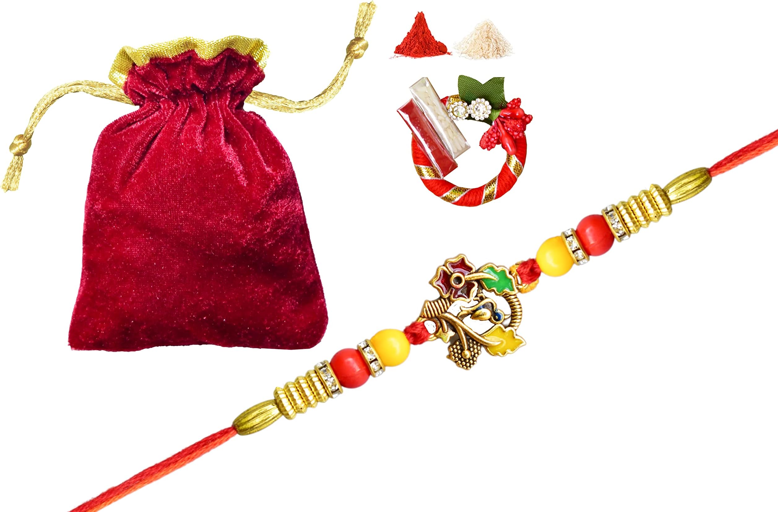 Tarini Gallery Set of 2 Rakhi for Brother Bhaiya Bhai Bhabhi Dooj Raksha Bandhan gift Rakhi Thread Bracelet with Greeting card gift pack in pouch/Potli bag (Flower Design)
