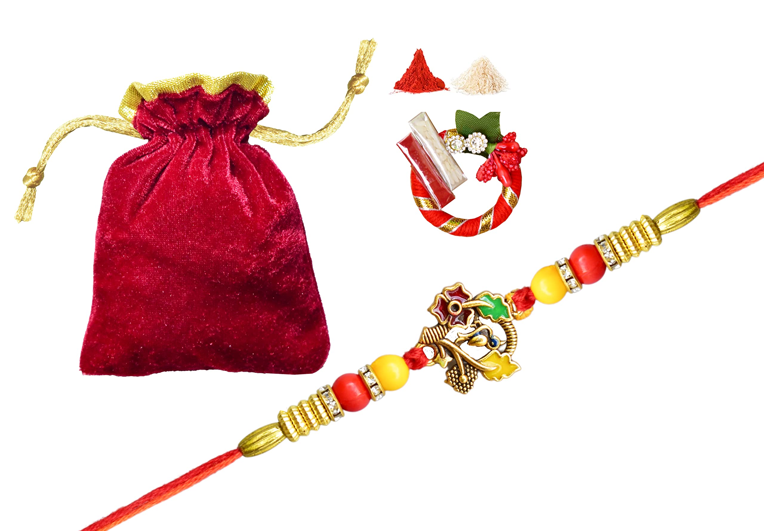 Tarini Gallery Set of 2 Rakhi for Brother Bhaiya Bhai Bhabhi Dooj Raksha Bandhan gift Rakhi Thread Bracelet with Greeting card gift pack in pouch/Potli bag (Flower Design)