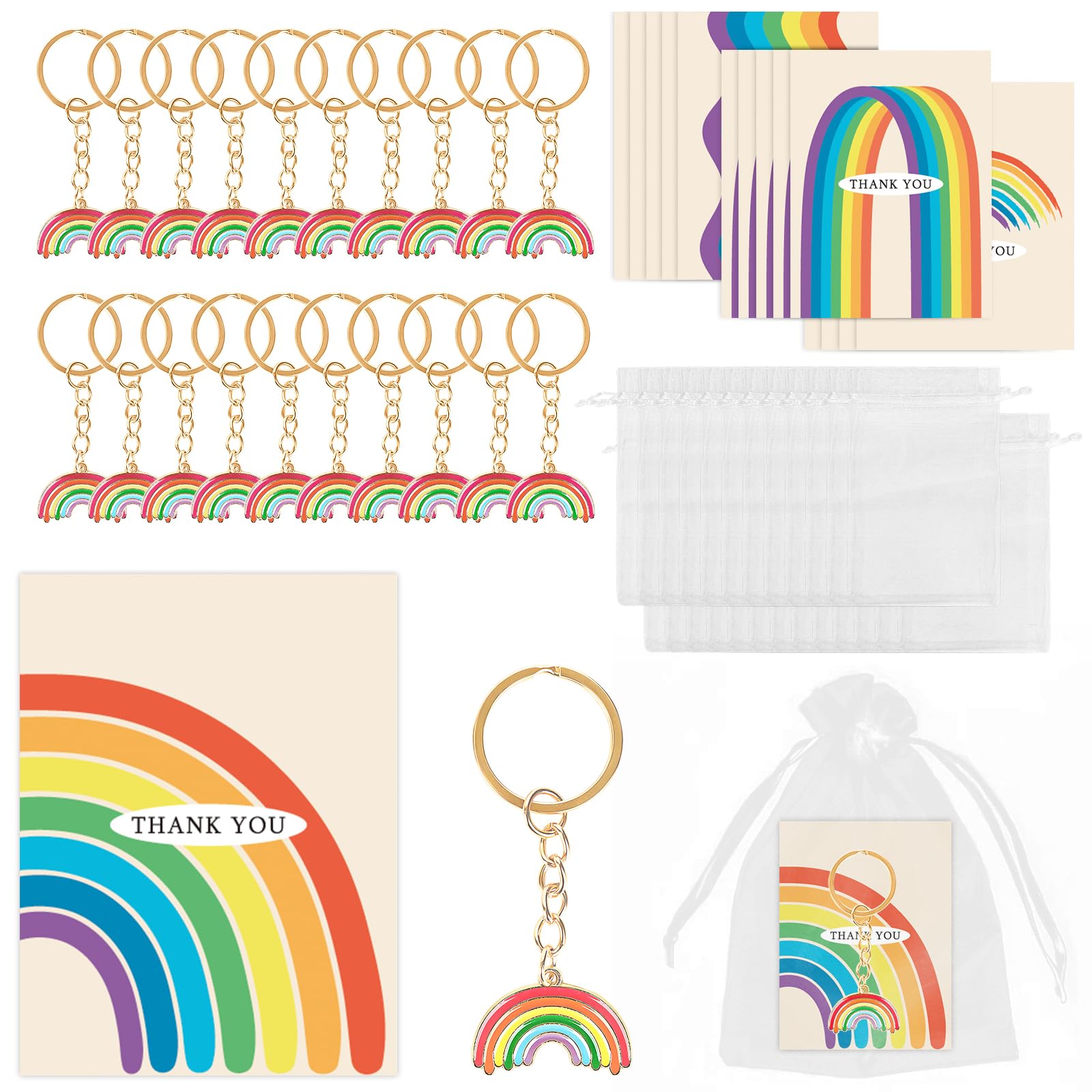 20 Sets Thank You Gift for Colleagues - Employee Appreciation Gifts - Rainbow Keyring Small Pendant & 4 Styles Rainbow Thank You Cards - Thank You Gifts for Women, Nursery Teacher, Nurses, Volunteers