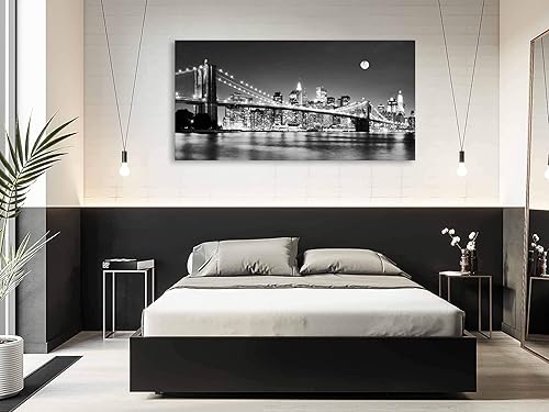 Miniatura 3 de Baisuart -Q30375 Puente de Brooklyn vista nocturna 1 paneles de arte de paisaje, impresiones en lienzo de noche de la luna de la ciudad de Nueva