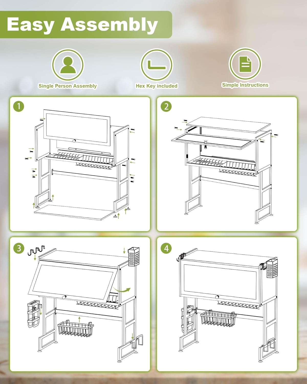 Over The Sink Dish Drying Rack with Cover 2 - Tier Large Dish Drainer Racks for Kitchen Counter Space Saving Sink Storage Organizer for Dishes, Glasses, Bowls & Cutlery Black