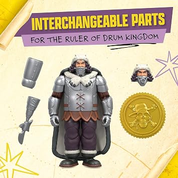 One Piece Wapol 6.5-Inch Action Figure, 4 Accessories | 12 points of articulation, swappable cannon head & cape, berry coin base; One Piece toy for fans