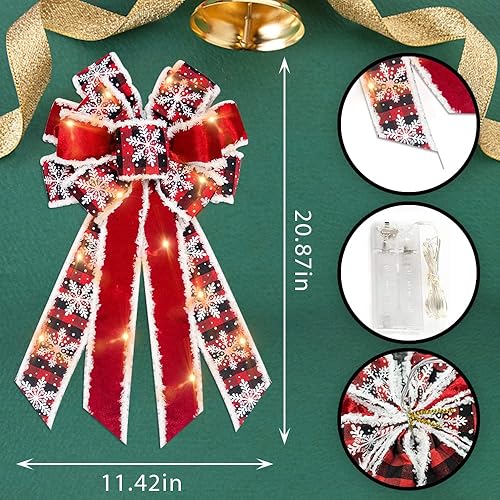 Miniatura 9 de Hying Grandes lazos de corona LED de Navidad lazos de Navidad con luces LED lazo de búfalo rojo y negro lazos de arpillera LED para árbol de Navidad