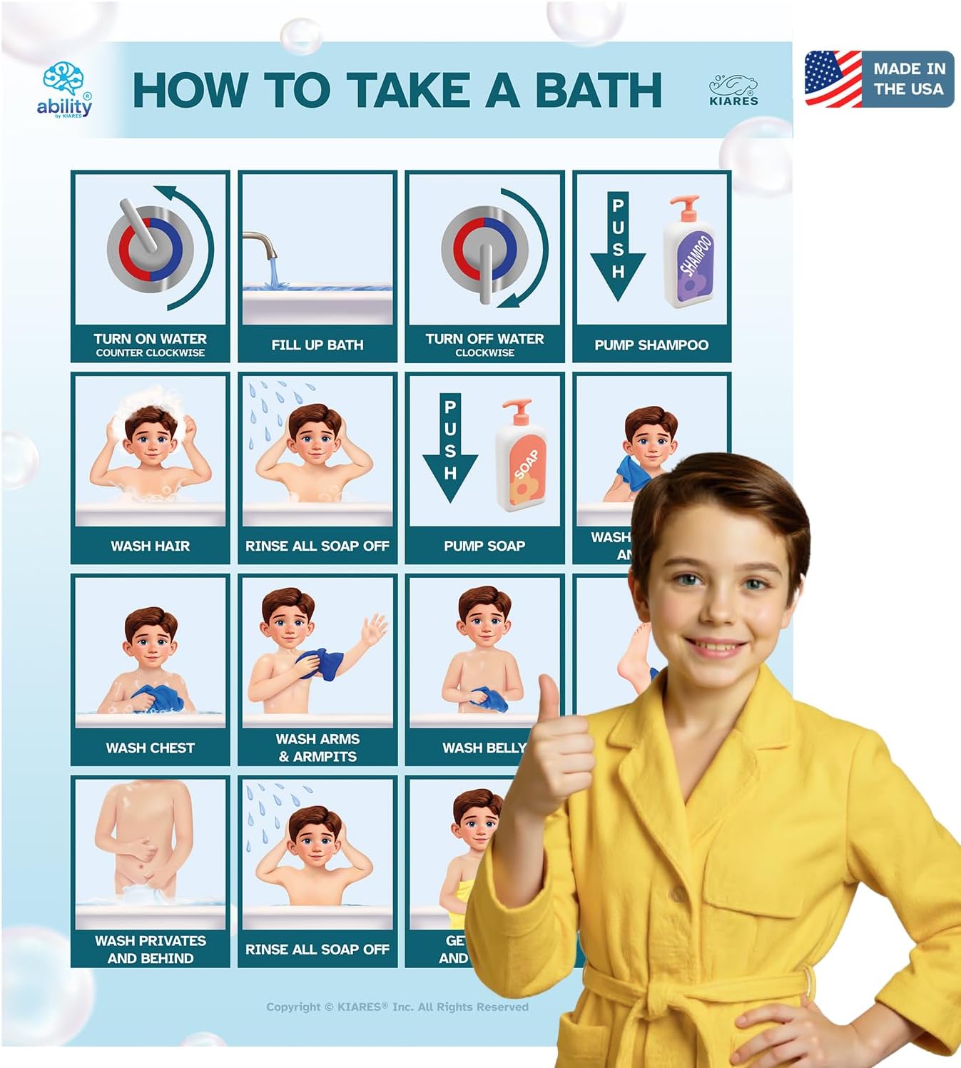 KIARES Shower Chart for Kids- Sticker Poster Steam-Safe, Step-by-Step Visual Schedule in 16 ethnicities (Caucasian Boy - Brown)