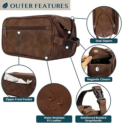 Miniatura 3 de PAVILIA Neceser de aseo para hombres bolsa de artículos de aseo de viaje kit de dopp resistente al agua organizador de bolsa de afeitar de cuero