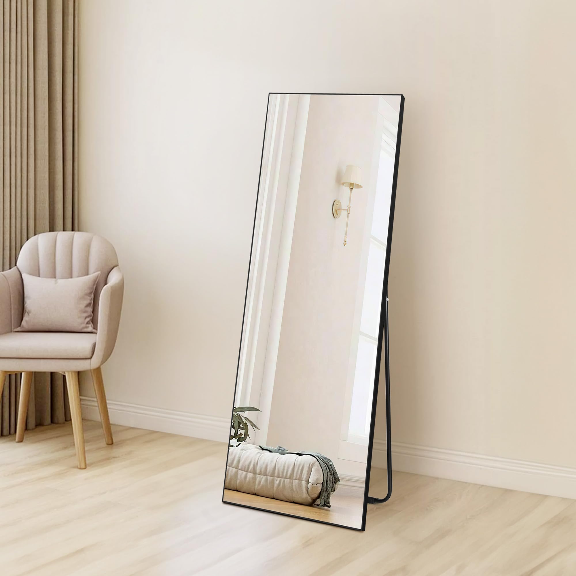 HORLIMER Lustro Ścienne 140x51cm, Lustro Stojące z Czarną Ramą