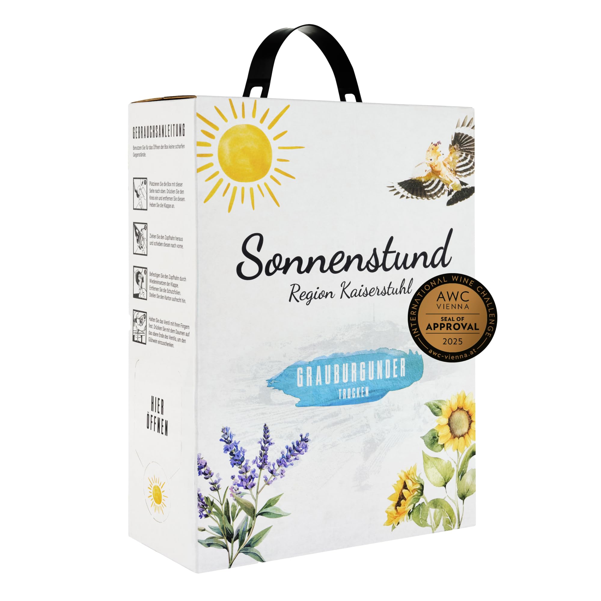 Sonnenstund Grauburgunder trocken 3 Liter Wein-Box, zarte Fruchtaromen nach Pfirsich, Apfel und Zitrusfrüchten, Grauer Burgunder QbA vom Kaiserstuhl (1 x 3,0 l Bag-in-Box)