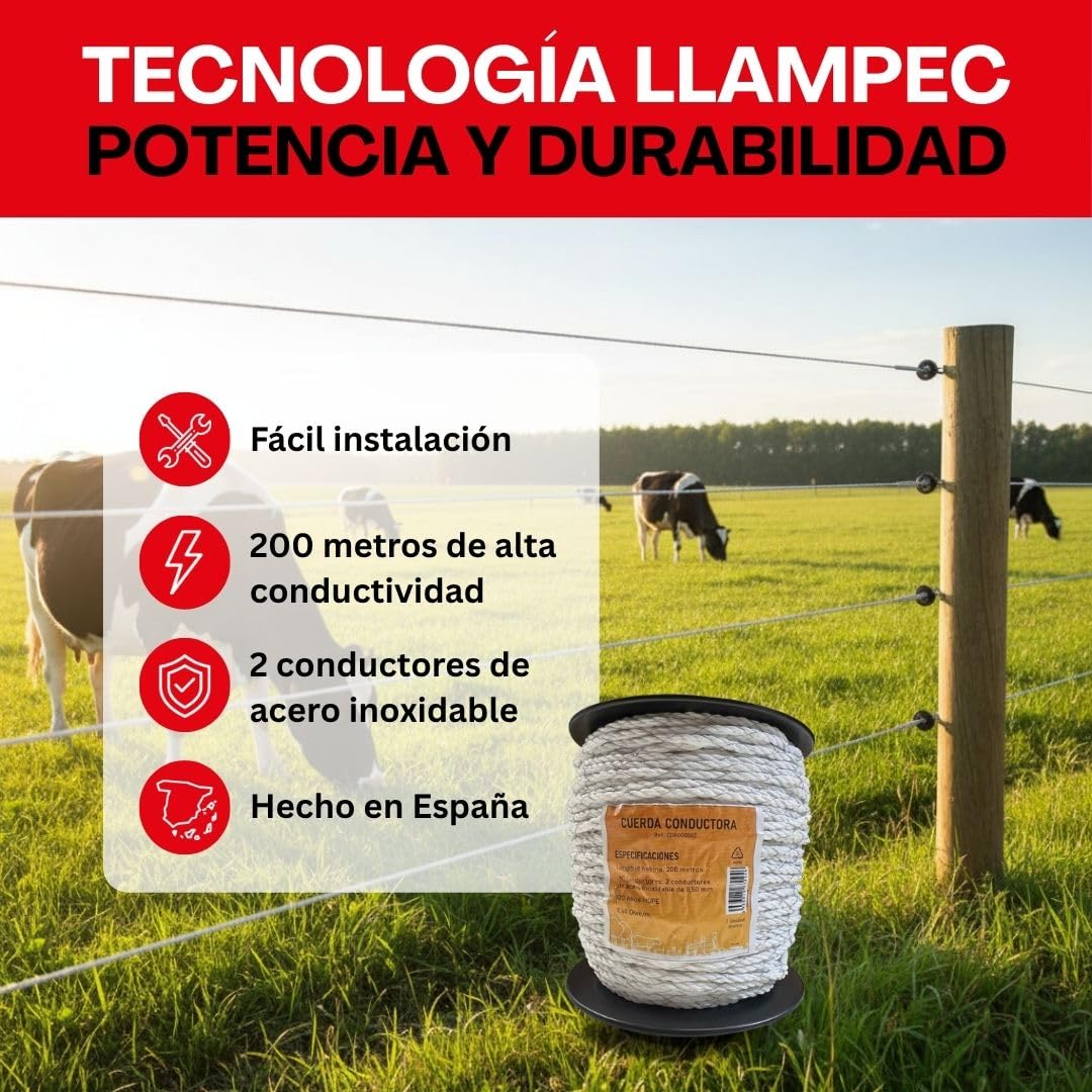 Llampec Cuerda Pastor Eléctrico 200 m x 6 mm – 2 Conductores Acero Inoxidable – Alta Resistencia y Conductividad – Cable Trenzado para Cercas Eléctricas de Caballos, Vacas y Perros – Bobina Pastor