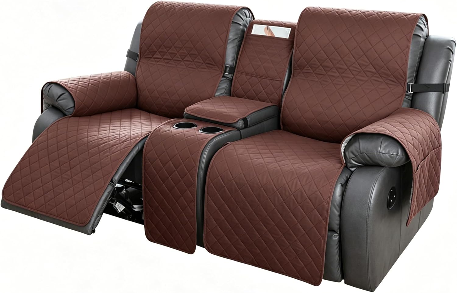 Waterproof Loveseat Recliner Reclining Cover with Console, Non-Slip Reversible Washable 2 Seater Furniture Protector Elastic Straps, Couch Cover Pets Kids (Coffee, (91.3 * 69.2 * 1.0) Inches)
