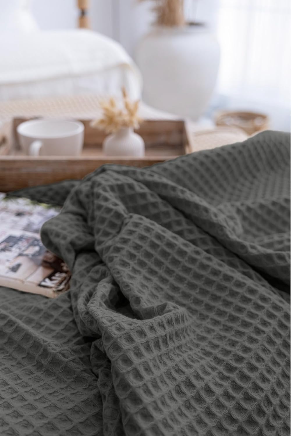SODEF Bedspread 100% Cotton Double Size 83x91 in Comfortable Waffle Weave Lightweight Bed Coverlet for Seasons, Green - Green