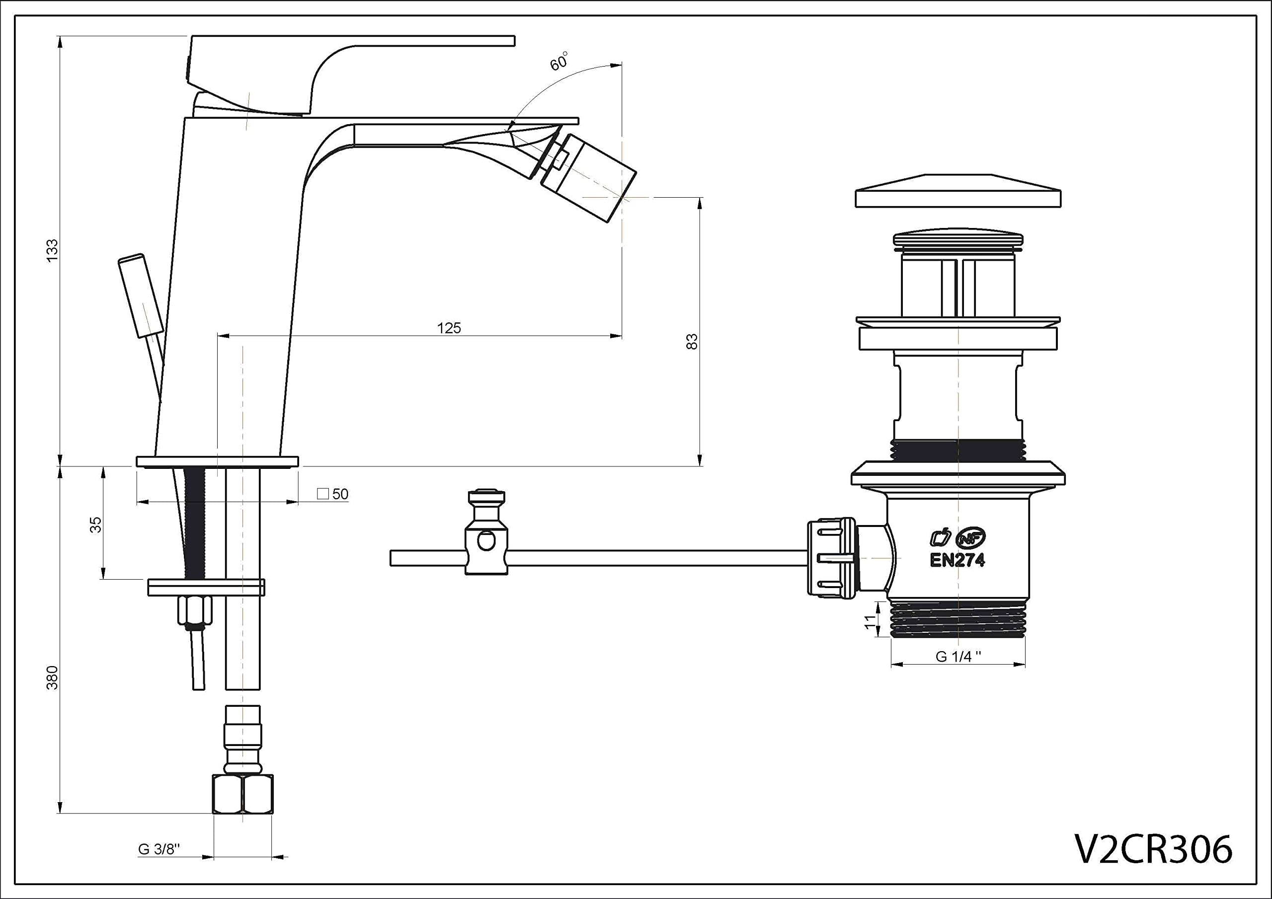 Paini VENTI Miscelatore Bidet Cromato - Scarico automatico 1"1/4 + Piletta e Flessibili (V2CR306)