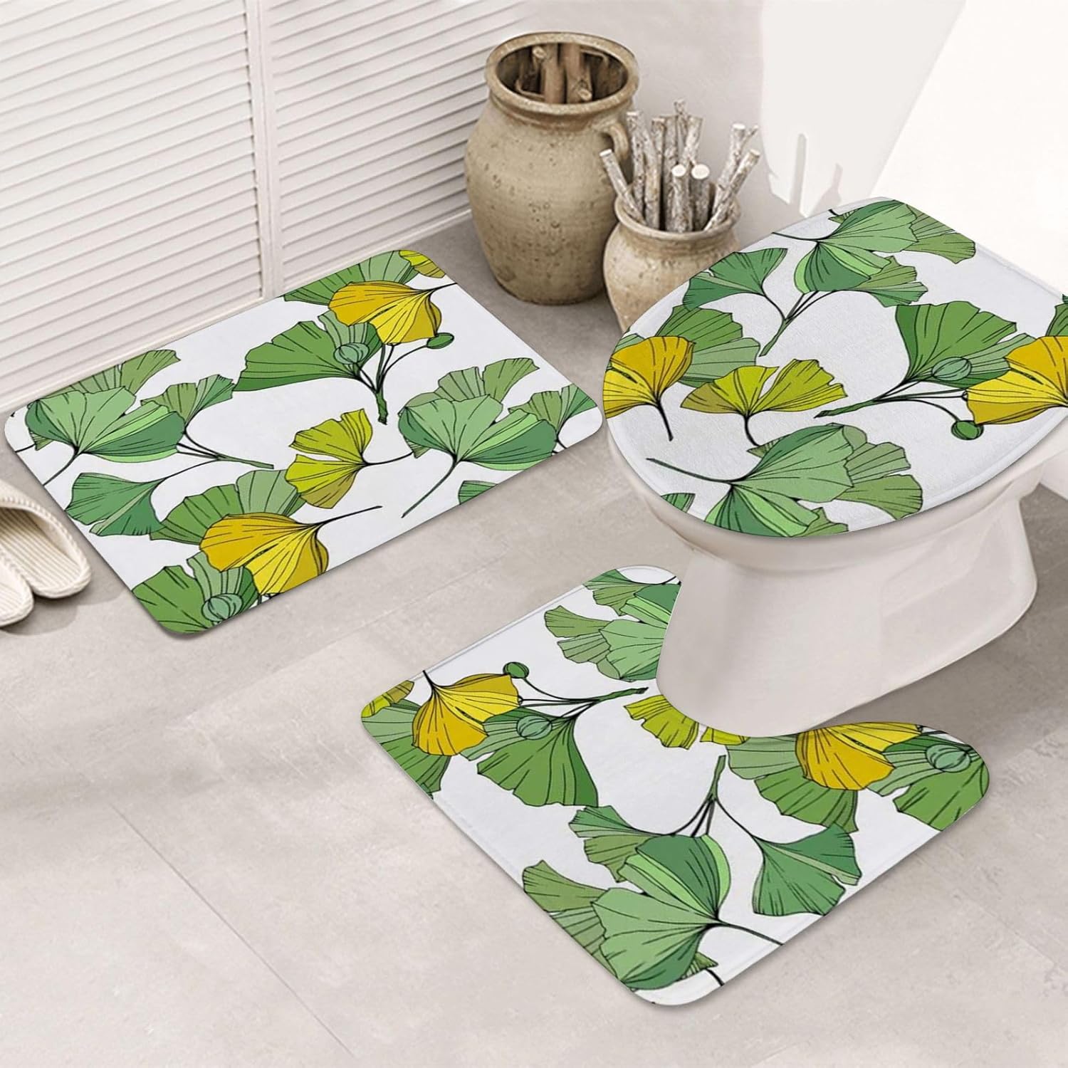 ERICAT Bathroom Set, NonSlip Bath Mat and Pedestal Mat Set, Botanical