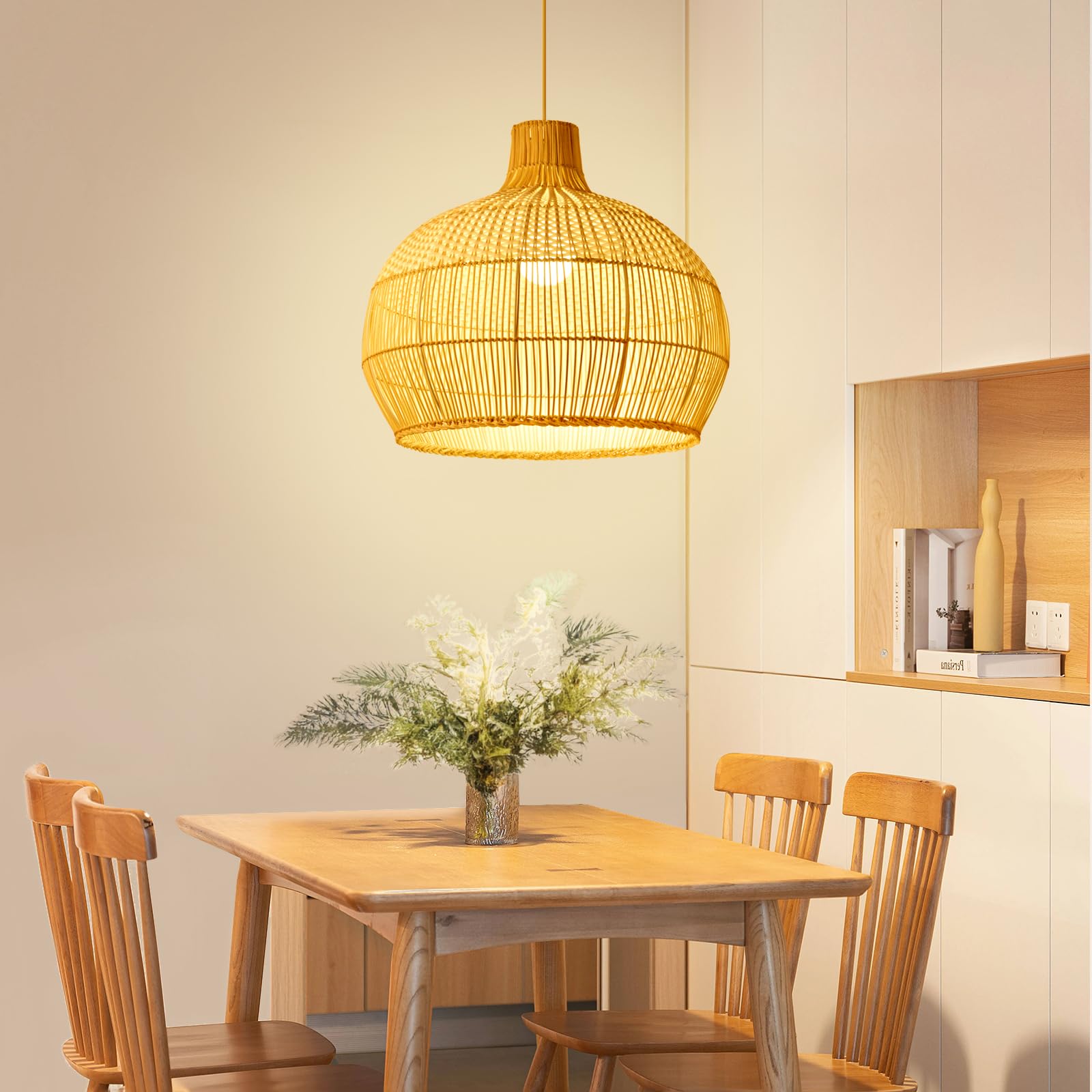 WalmHomie Rattan Pendant Light Fixtures for Kitchen Island 1 Pack Woven Hanging Ceiling Lighting Lampshade for Bedroom White