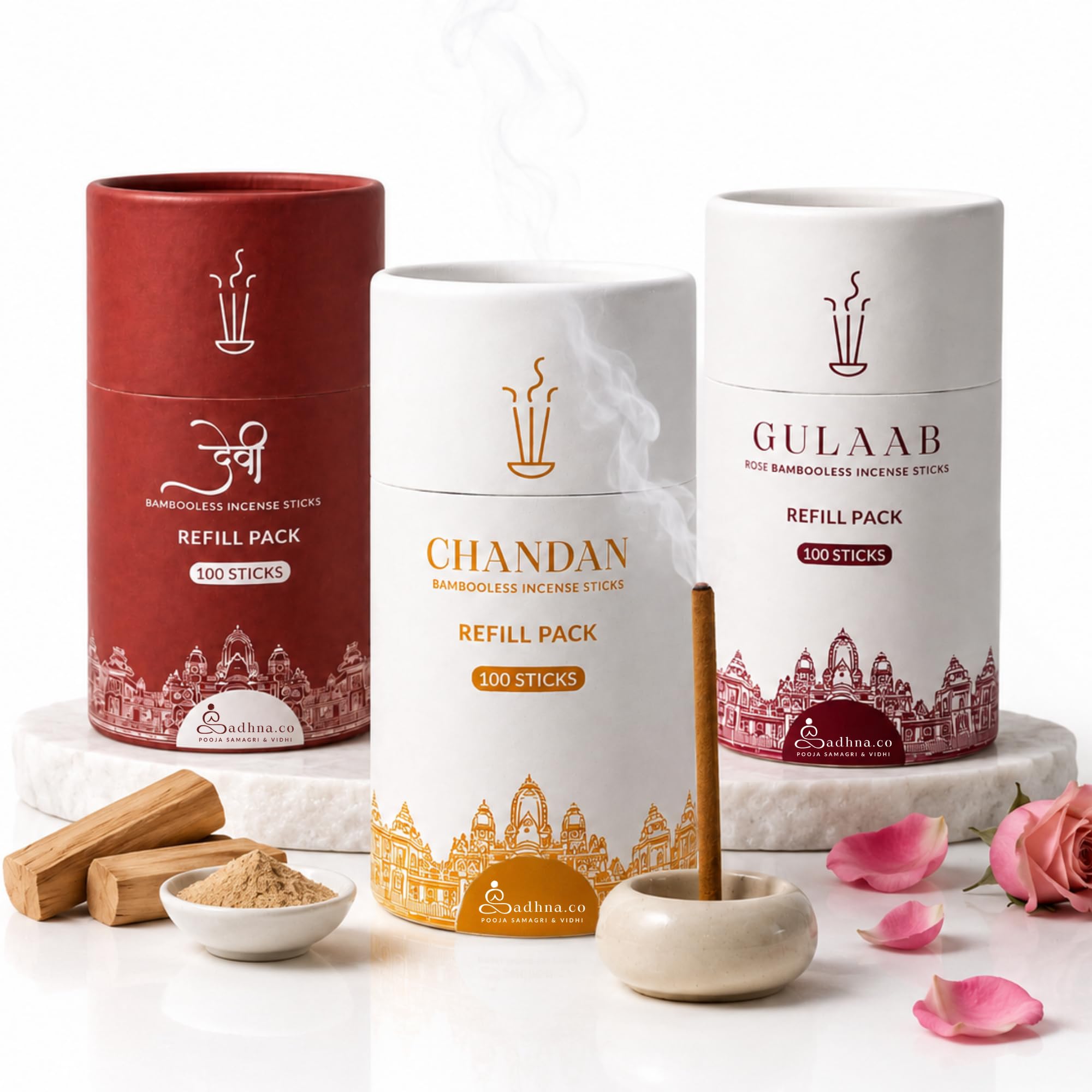 Bambooless Incense Sticks Refill Combo, Gulaab, Chandan & Devi, 300 Sticks, Natural Dhoop Agarbatti for Pooja-image-45