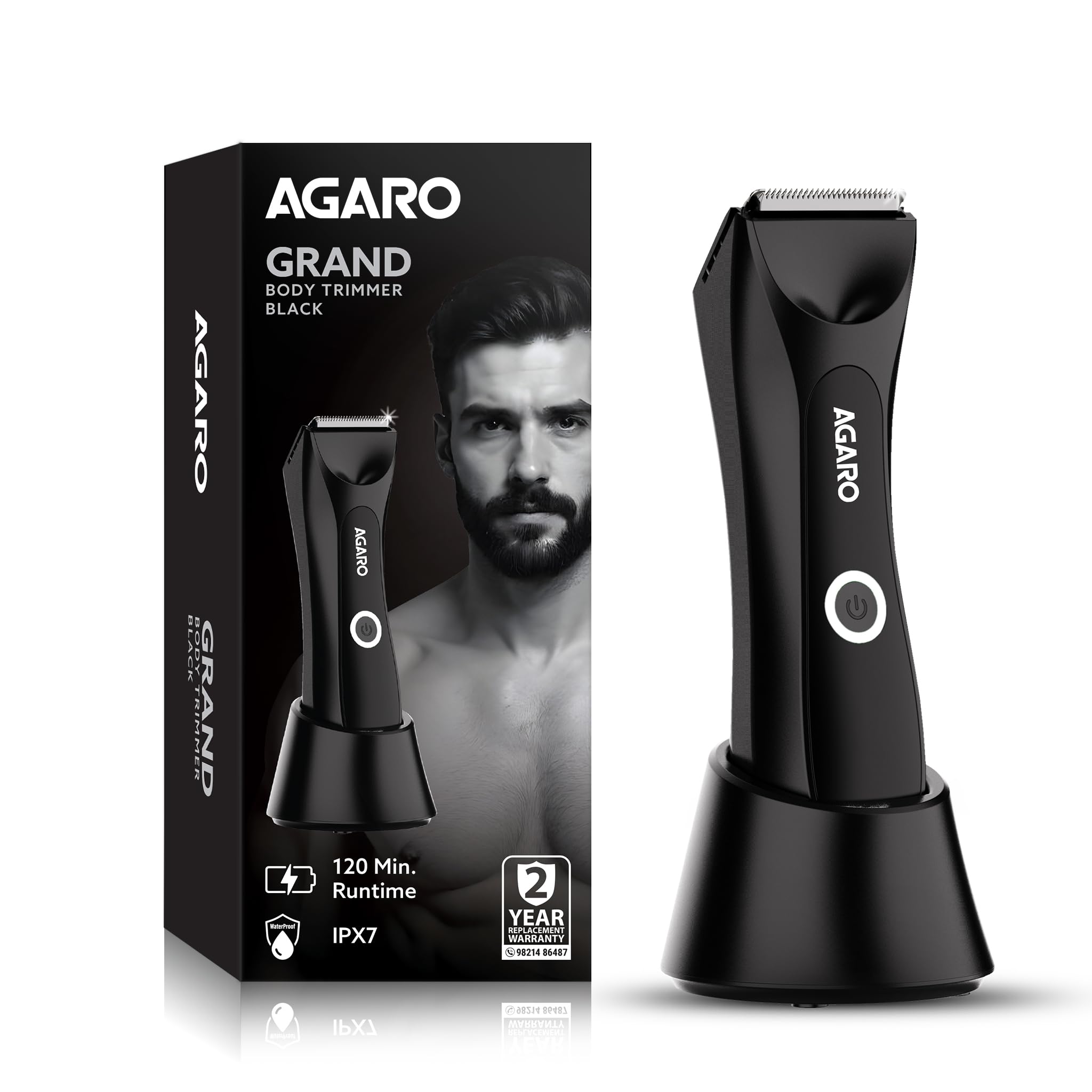 AGARO Grand Body Trimmer, For Beard, Body Shaving, 6 Length Settings, Self Sharpening Ceramic Blades, Waterproof (IPX7), Cordless, LED Torch, Dock Charging