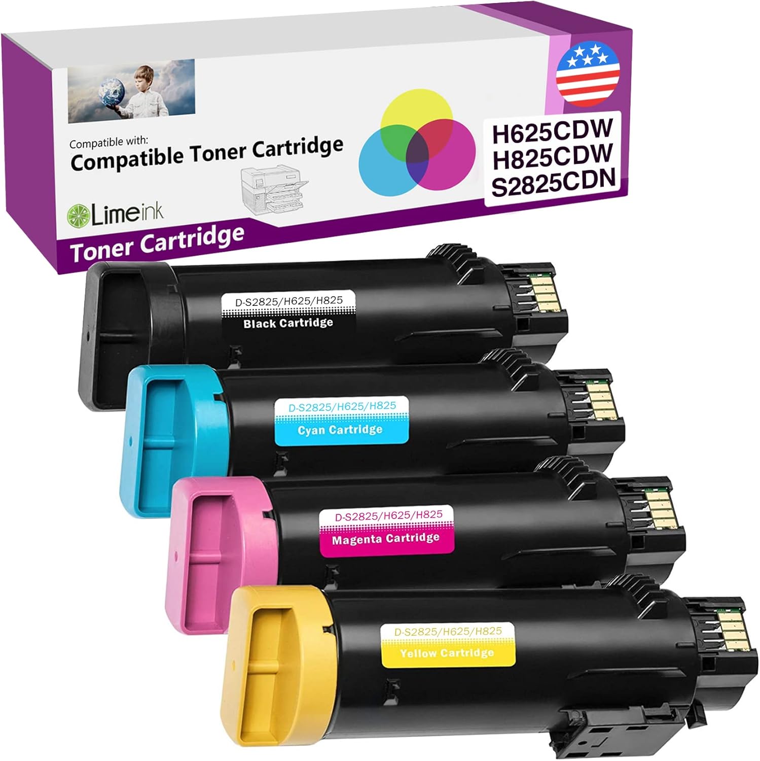 Limeink Compatible Toner Cartridge Replacement for Dell H625cdw Toner H825cdw for Dell S2825cdn High Yield Laser Cartridges H625 H825 s2825 Ink 4 Pack 1 Black 1 Cyan 1 Yellow 1 Magenta
