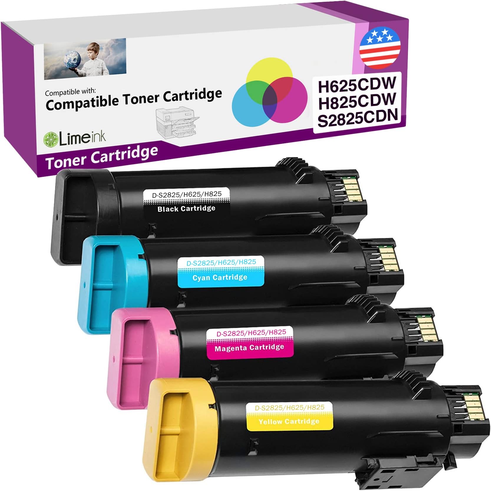Limeink 4 Pack Compatible Cartridges for Dell H625cdw H825cdw S2825cdn High Yield Laser Toner Cartridges for Smart Color Printers H625 H825 s2825 Ink (1 Black, 1 Cyan, 1 Magenta, 1 Yellow)