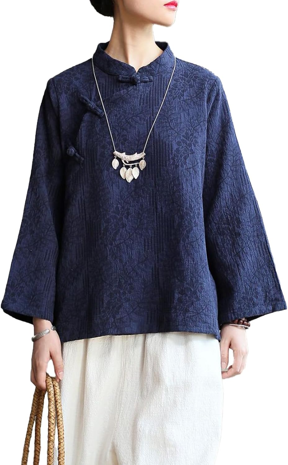 LUZU JUNU Spring Fall Women Shirts Jacquard Cotton Linen Chinese Cheongsam Frog Button Tops Blouse