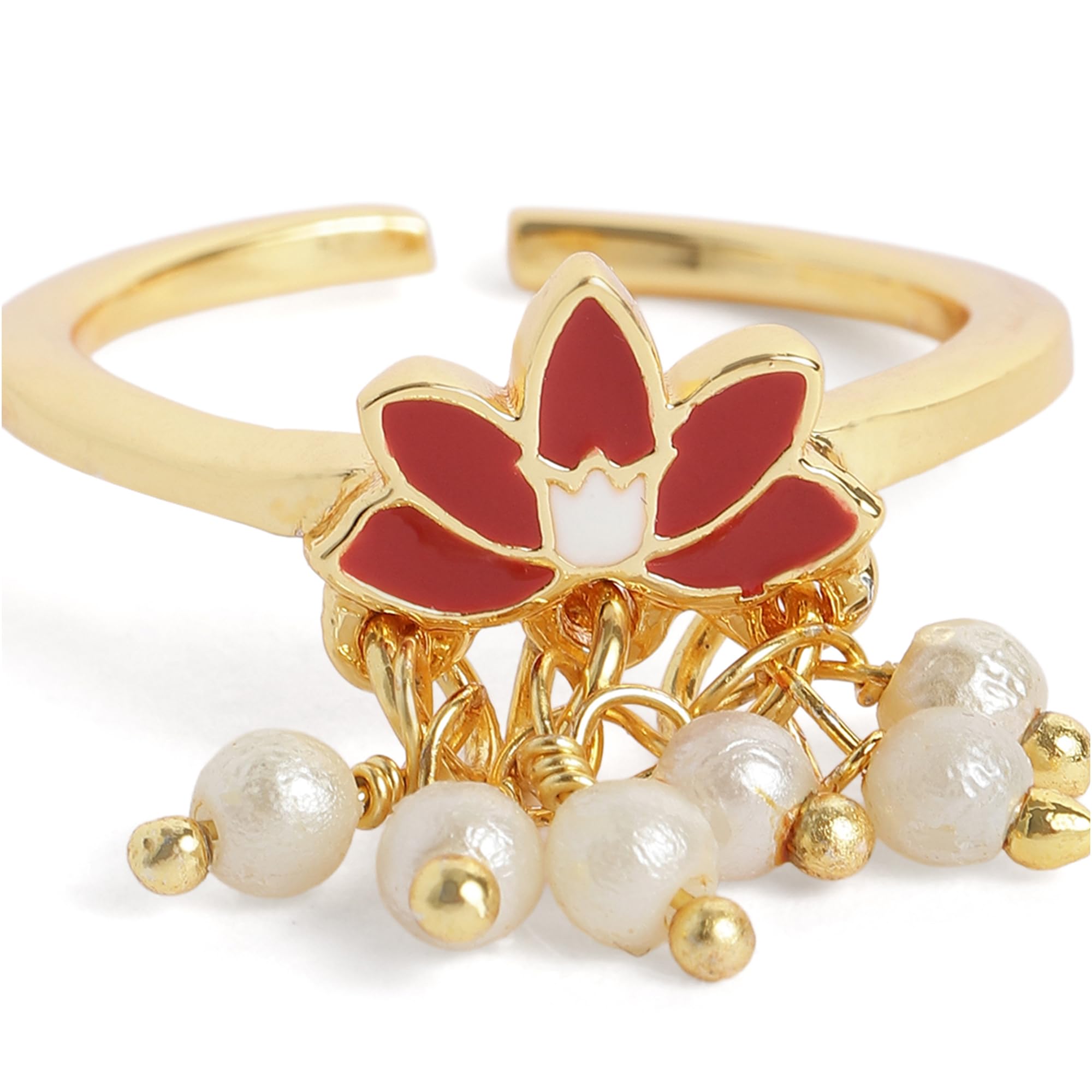 Chic Gold Finish Red Lotus Adjustable Ring with Pearl Drops|AD-193-IGRDWE RING-image-40