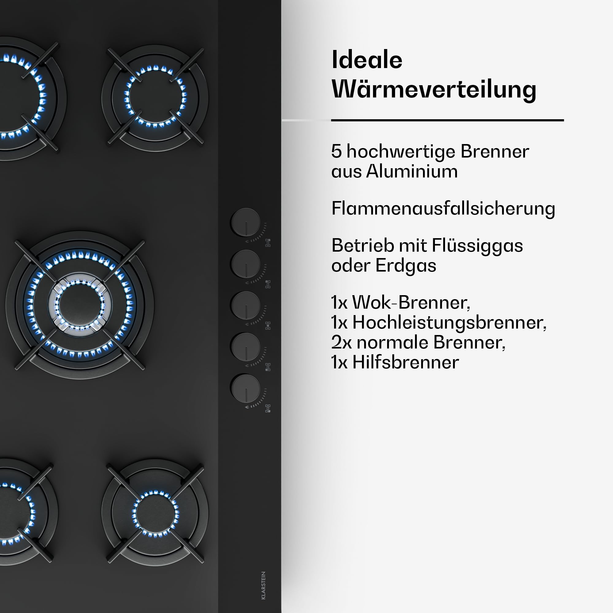 Klarstein Velaire Gaskochfeld, 90 cm, 5-Brenner, 10400 W, Glas, Flüssiggas & Erdgas, Elektrische Zündung, Flammenausfallschutz, Gasherd, inkl. Umrüstsatz & Schlauchset, Schwarz