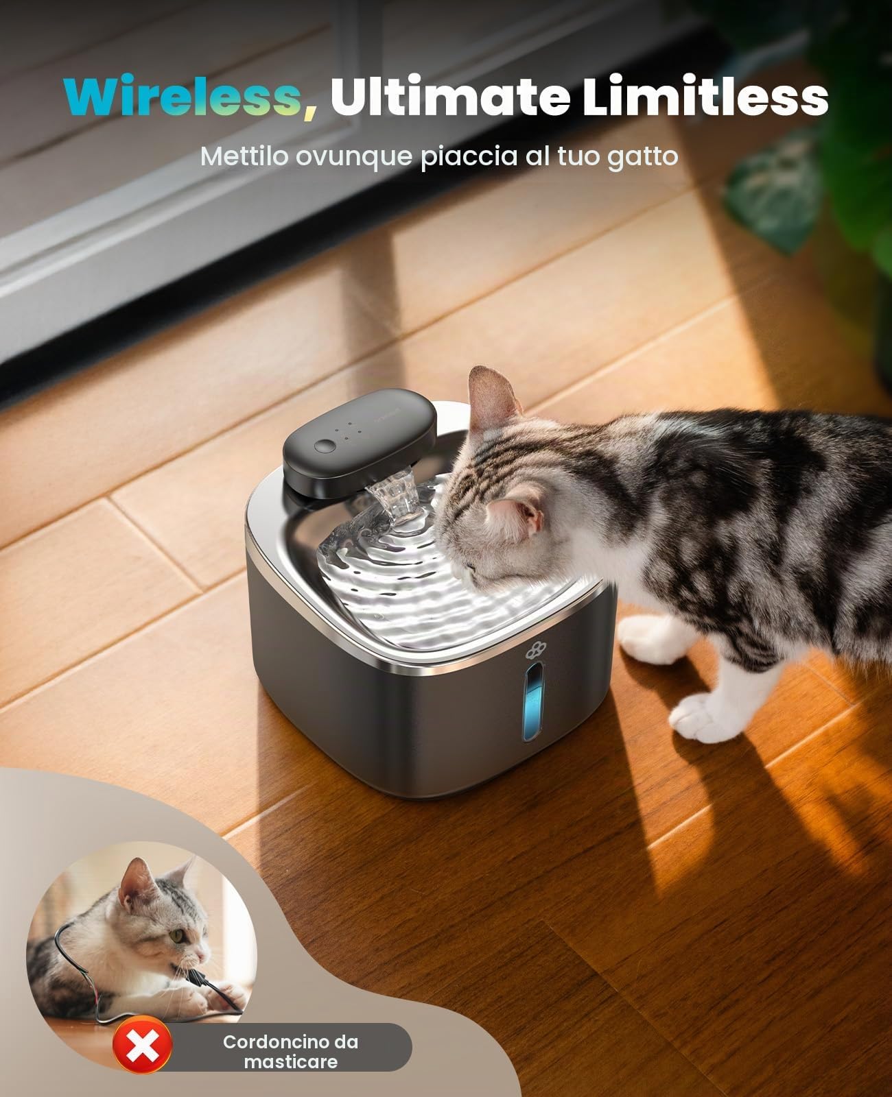 oneisall Fontana per gatti senza fili per bere, fontana per gatti in acciaio inossidabile da 3,5 l, con sensore di movimento, silenziosa fontana per gatti a batteria, fontana per gatti con 3 filtri