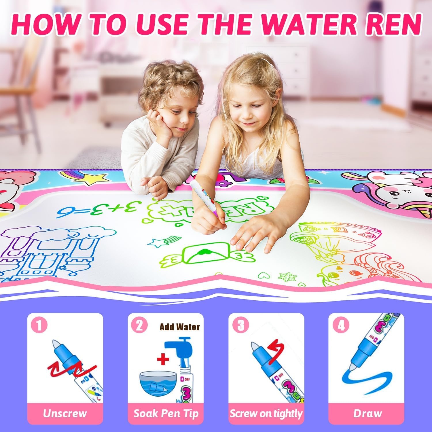 Water Doodle Mat,40 x 32 Inch Large Drawing Mat with Backpack,Educational Toys Gifts for Kids Boys Girls,Mess Free Painting for Toddlers Age 2 3 4 5 6 7 8 Year Old