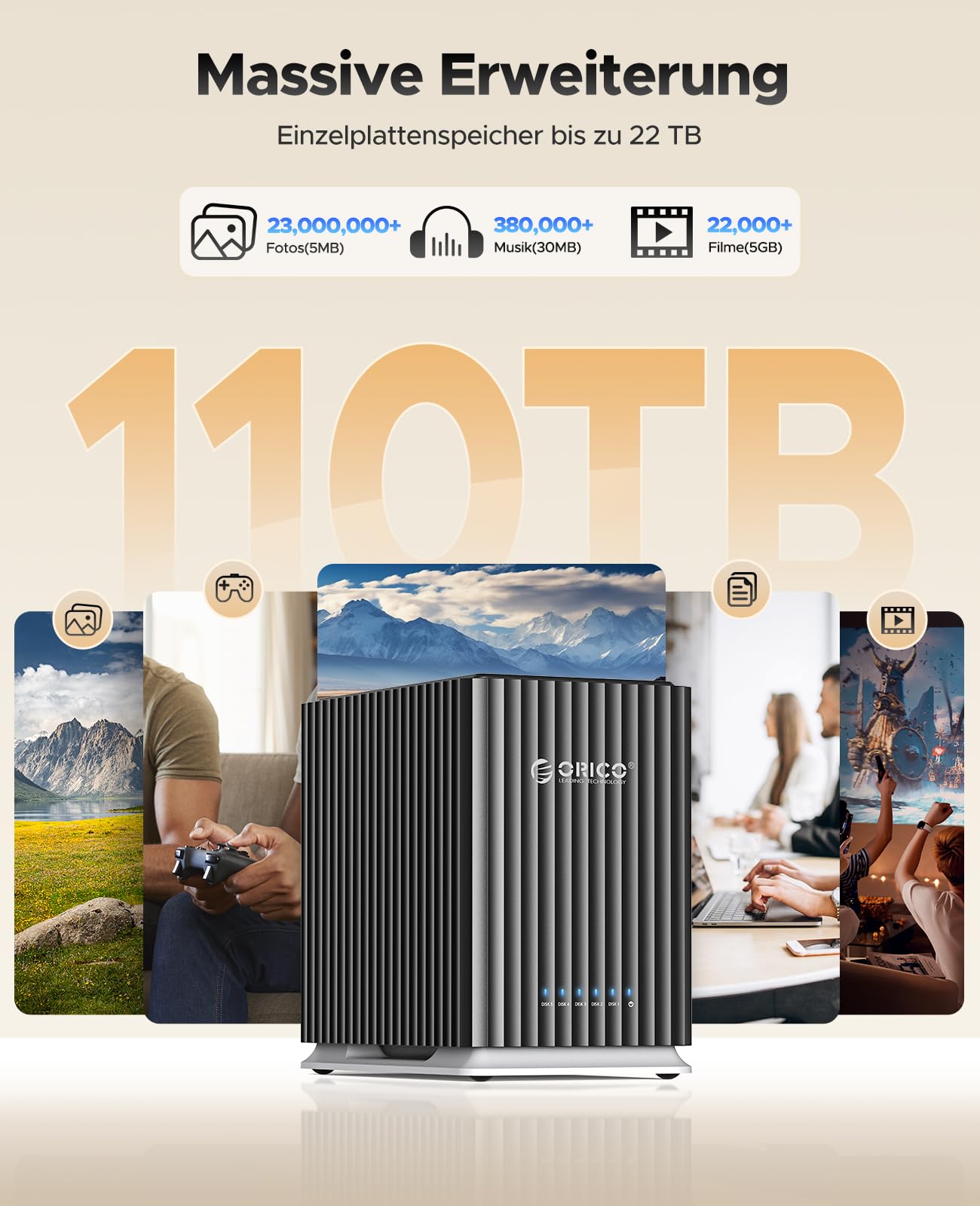 ORICO USB C Boîtier à 5 Baies pour Disques Durs avec Adaptateur Secteur 12V/10A, Max. 110 to pour la Gestion des Données Personnelles - 9758C3