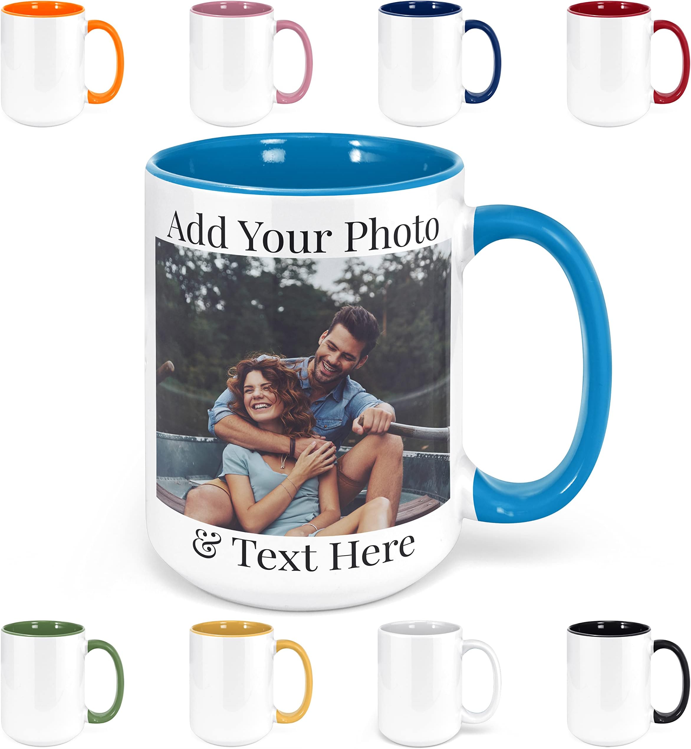Custom Coffee Mugs - Personalized Coffee Mugs with Photo Text, Customized Ceramic Coffee Mug - Customizable Mug, Funny Mug, Personalized Gifts, Custom Mug with Photo - Add Your Photo - 15oz Blue