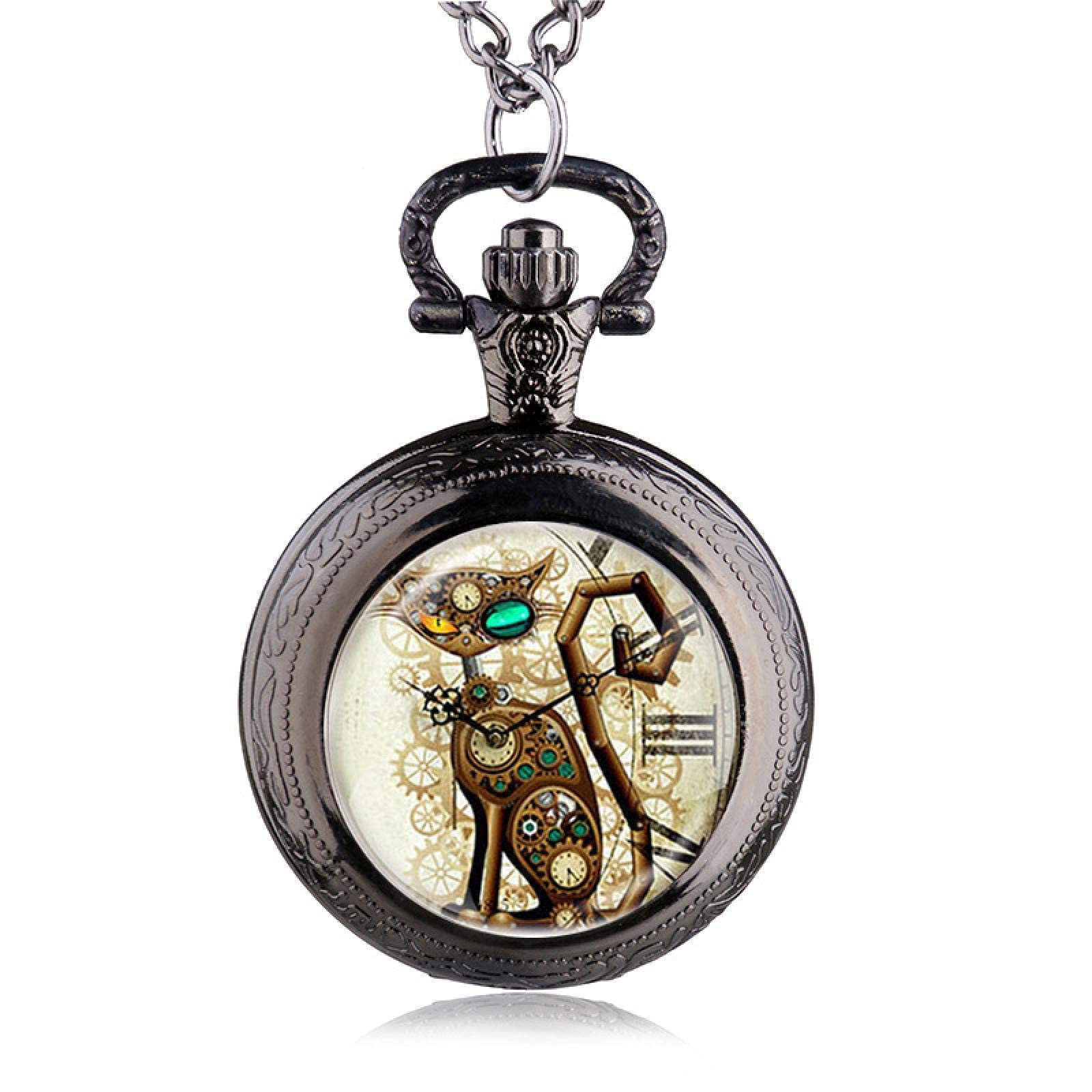Relojes de Bolsillo, Vintage Steampunk Gato medallón Collar Bolsillo Reloj Colgante Regalo(Black)
