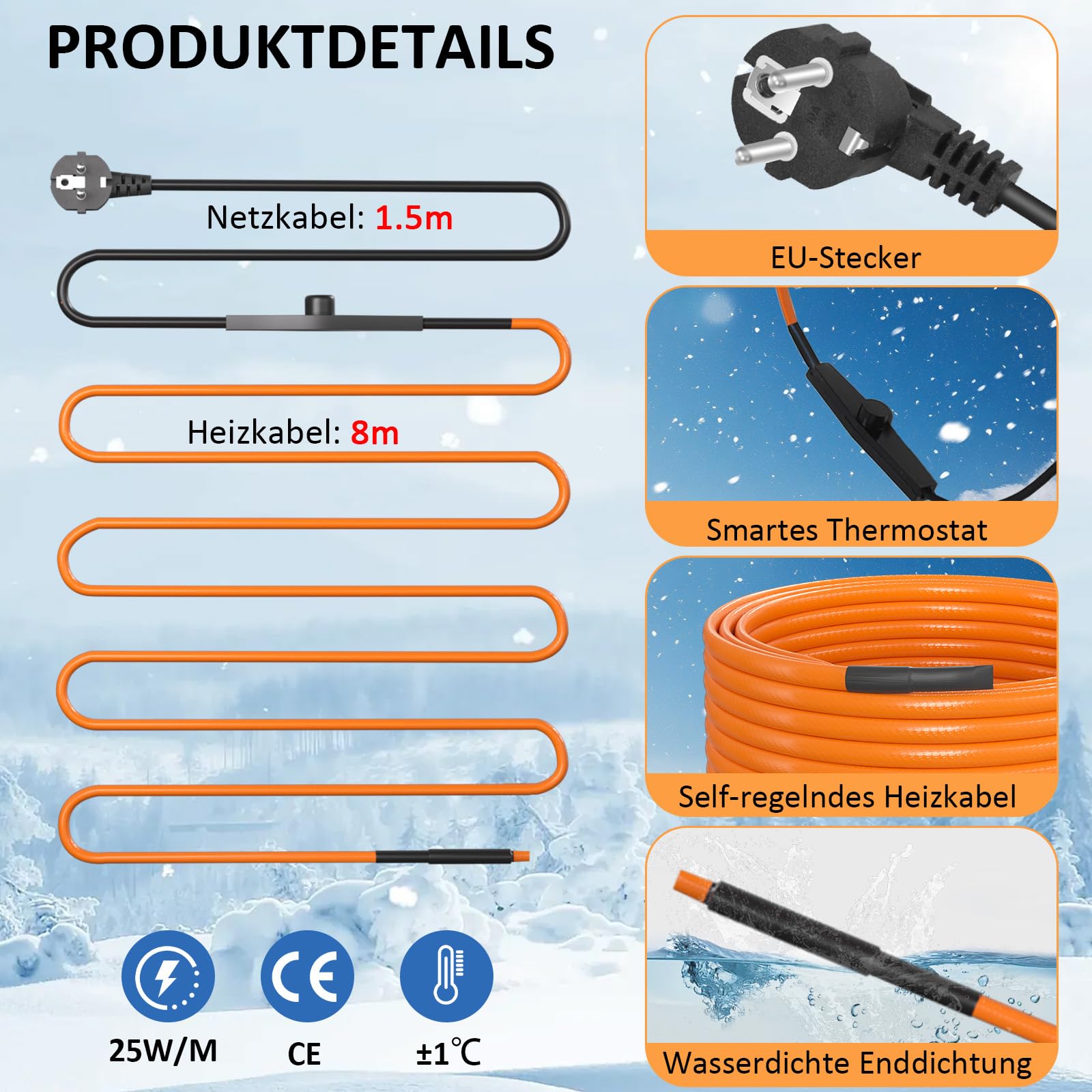 Cavo Riscaldante Antigelo Hojalis 8m - Autoregolante 25W/m Con