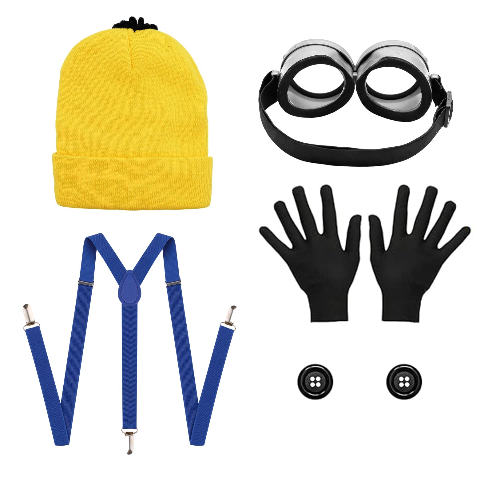 set de 5 piezas de Disfraz Amarillo para Cosplay, Accesorios de Disfraces Halloween Adultos con Animados Gafas Sombrero Guantes Tirantes, Accesorios de Disfraces para Fiestas Halloween Carnaval