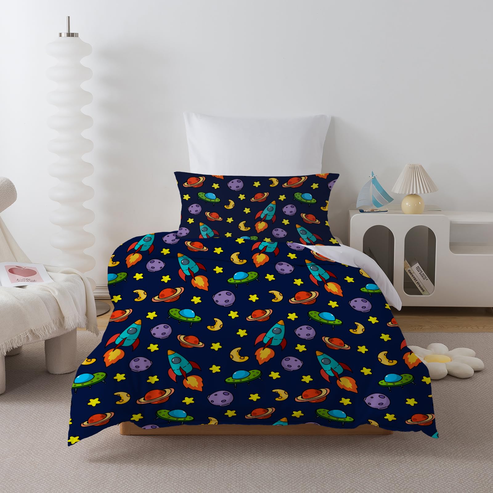 ROZTYLJ Cot Bed Duvet Cover Set Space Patterns Toddler Bedding Set For Boys Microfiber Cot Duvet Cover 120x150cm & Pillow Case 40x60cm - Image 2