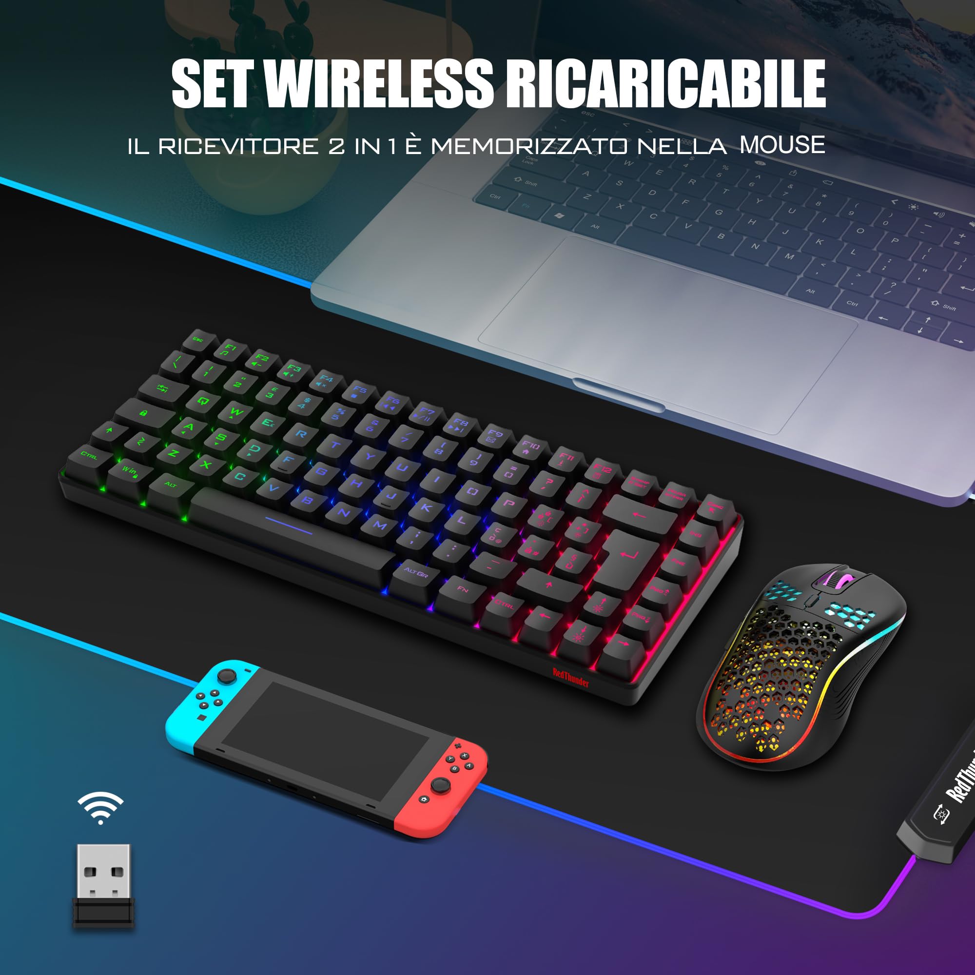 RedThunder 75% Tastiera da Gioco Wireless, Retroilluminazione Dinamica Arcobaleno, Mouse Leggero a Nido D'ape da 3200 DPI, Tastiera Ultra Compatta, 85 Tasti Anti Ghosting, Layout IT per PC/PS5/Xbox