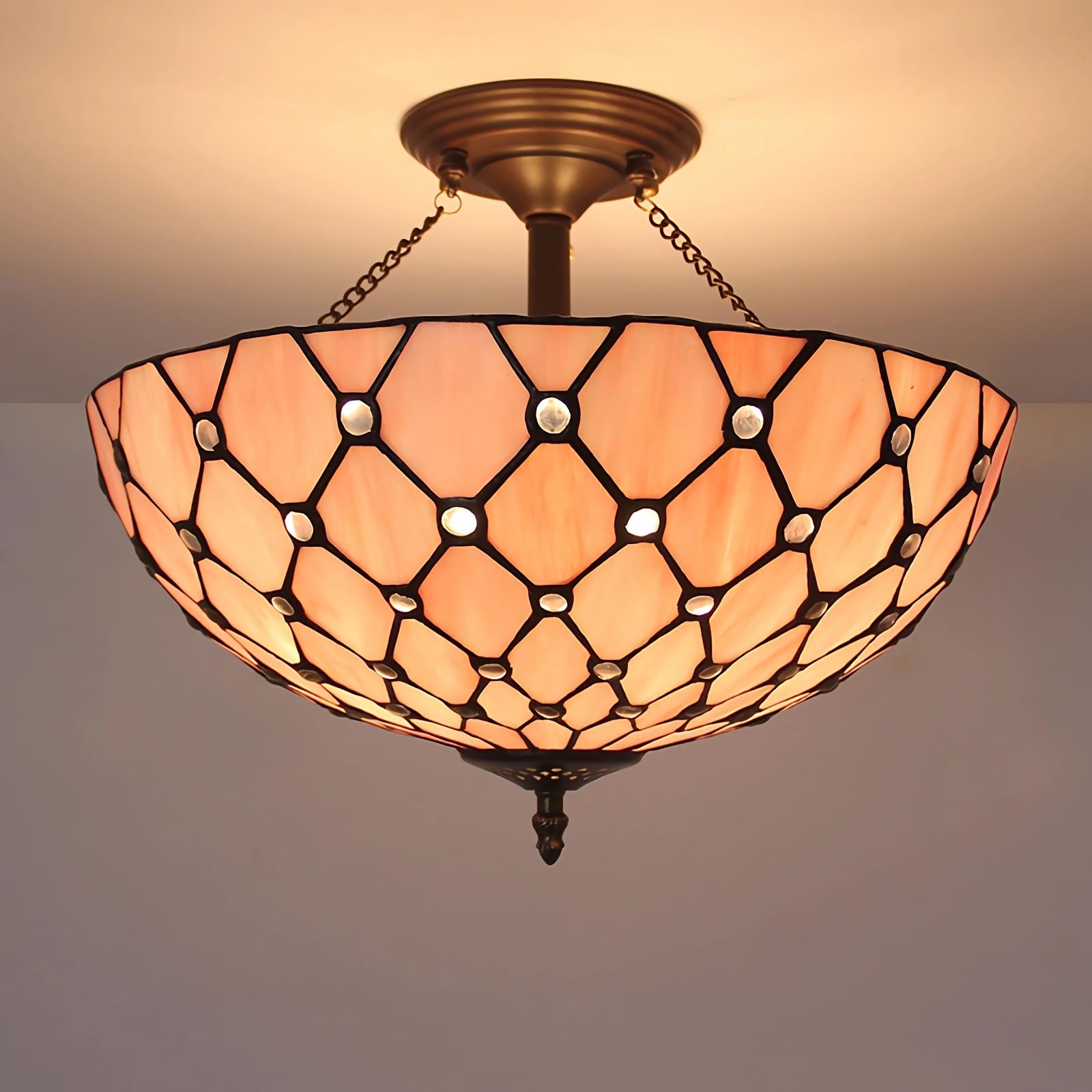 WDBZTJ Tiffany Style Ceiling Light Flush Mount, 16 inch Stained Glass Ceiling Lamp, E27 Bulb, Vintage LED Chandeliers for Living Room Bedroom(G)