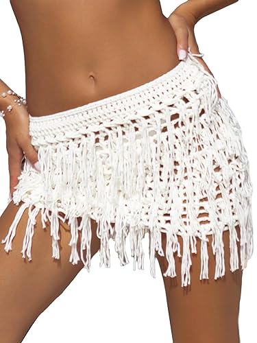 Verdusa Women's Fringe Trim Hollow Out Crochet Short Skirt Cover Up - Medium - White