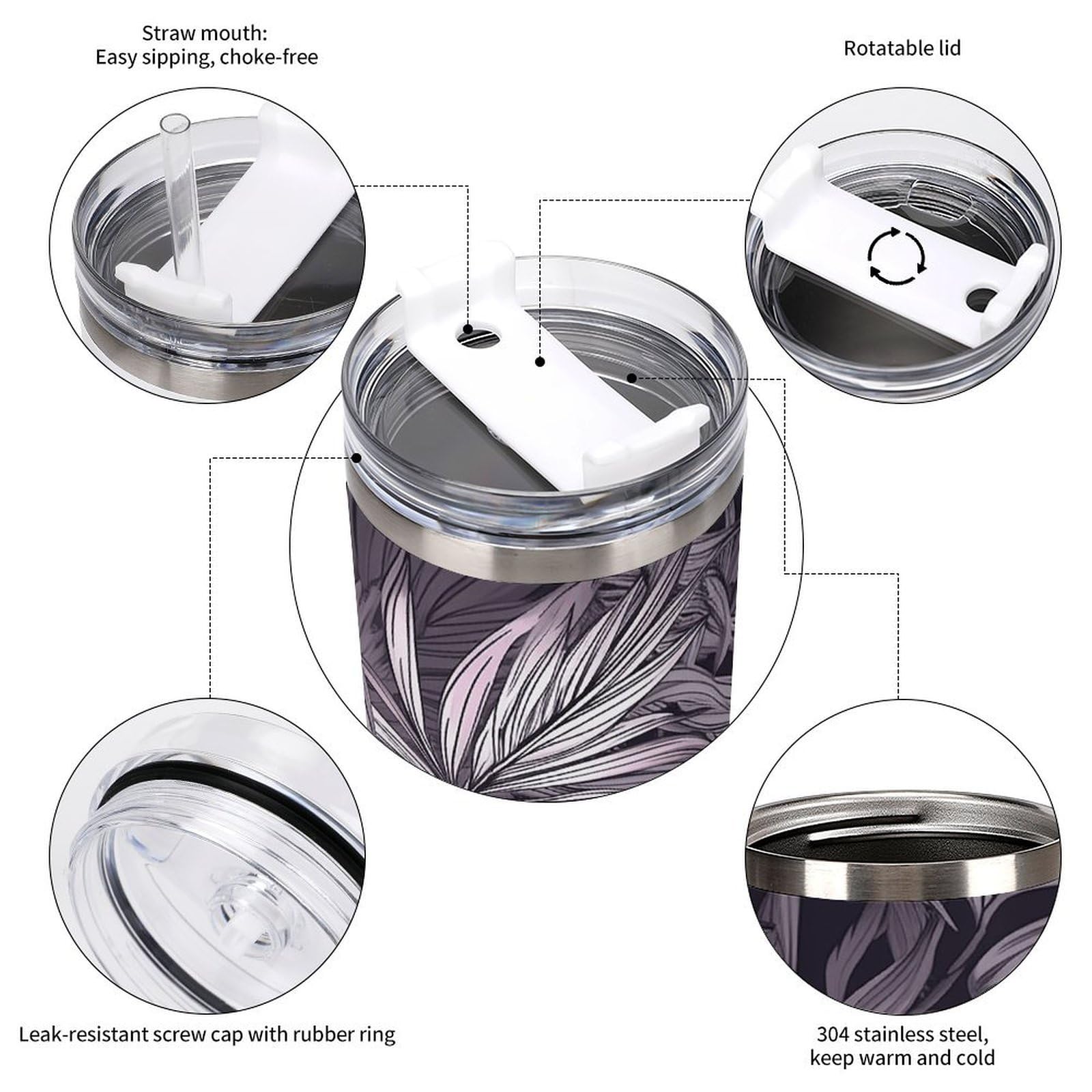 Tazas de hojas de palma moradas con popote y asa, taza de café con aislamiento al vacío de doble pared, botellas de agua para café helado, té, bebida caliente y fría