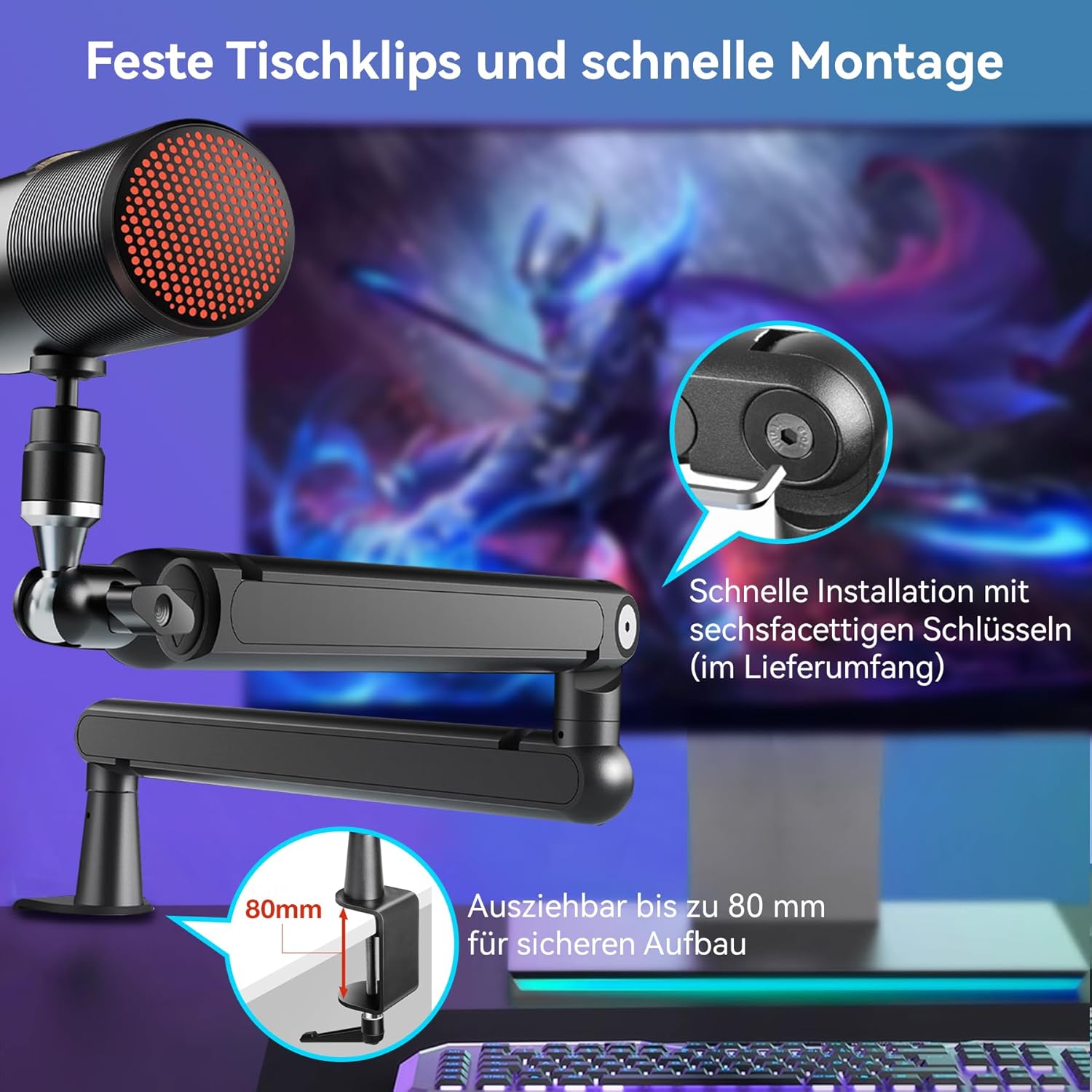 THRONMAX S7 TUNE Low Profile Mic Arm, 360° Rotatable Microphone Boom Arm Mic Stand, Cable Management, Easy Clamp for Streaming, Podcasting, Gaming,Universal fit for Blue Yeti HyperX QuadCast Finfine