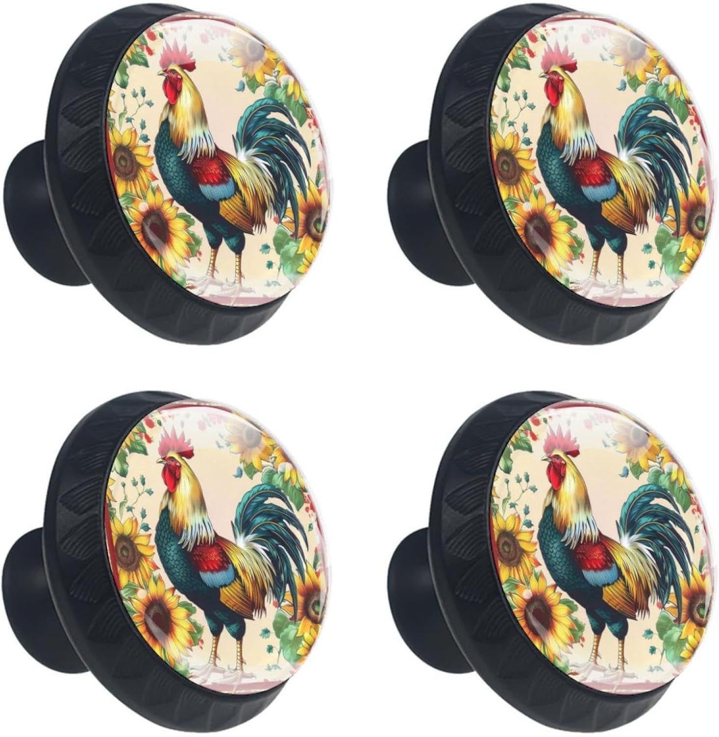 4 Pack Black Drawer Knobs, Rooster Sunflowers Cabinet Knobs Glass Dresser Knobs Drawer Pulls Door Handles for Kitchen Bathroom Hardware