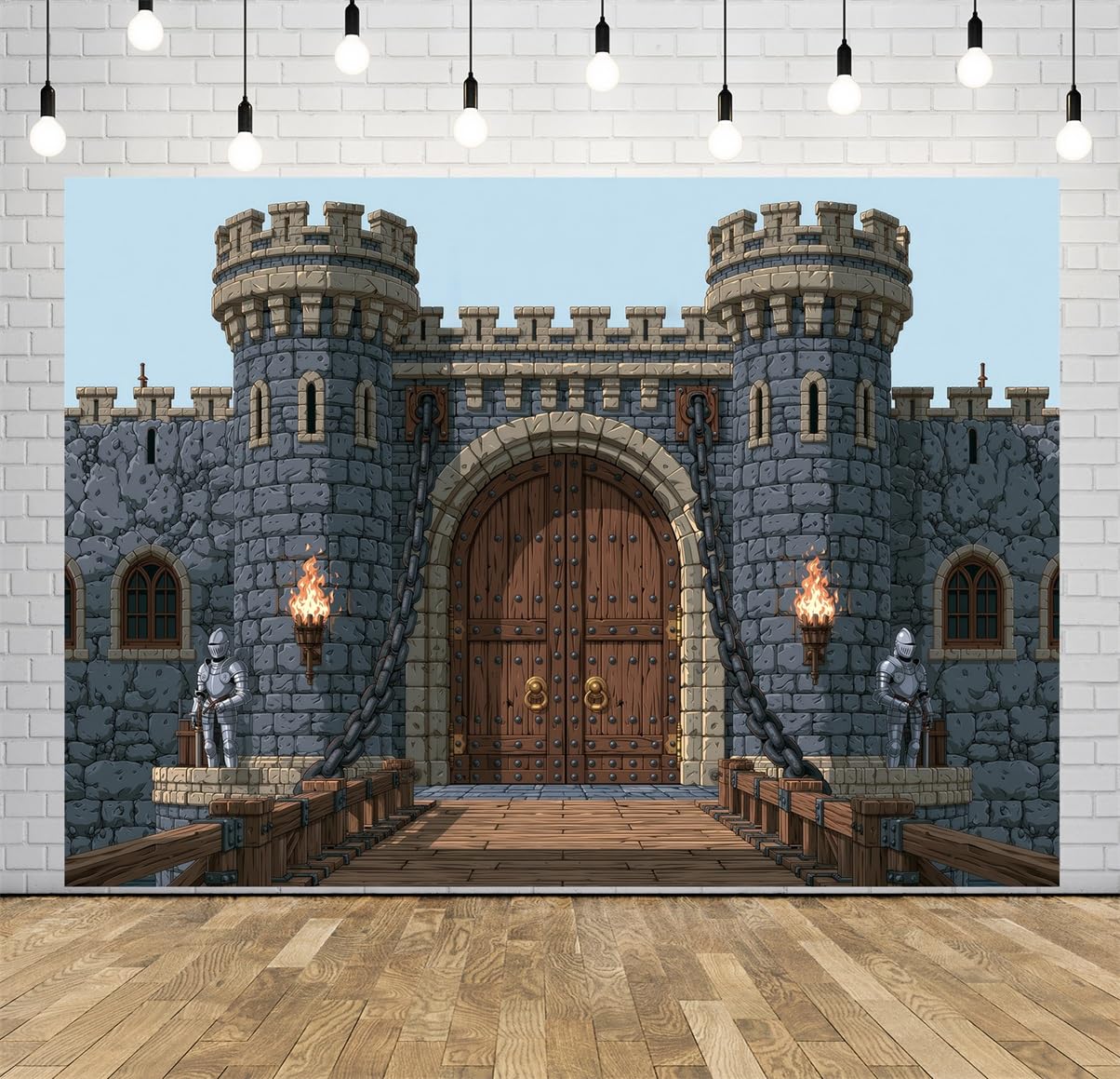 BELECO 5.2x3m Sfondo in tessuto Castello Medievale in Pietra | Porta Fortezza In Pietra Antica Ponte Levatoio Catene In Ferro Statue Cavalieri Torce Fiammanti Telo Di Sfondo
