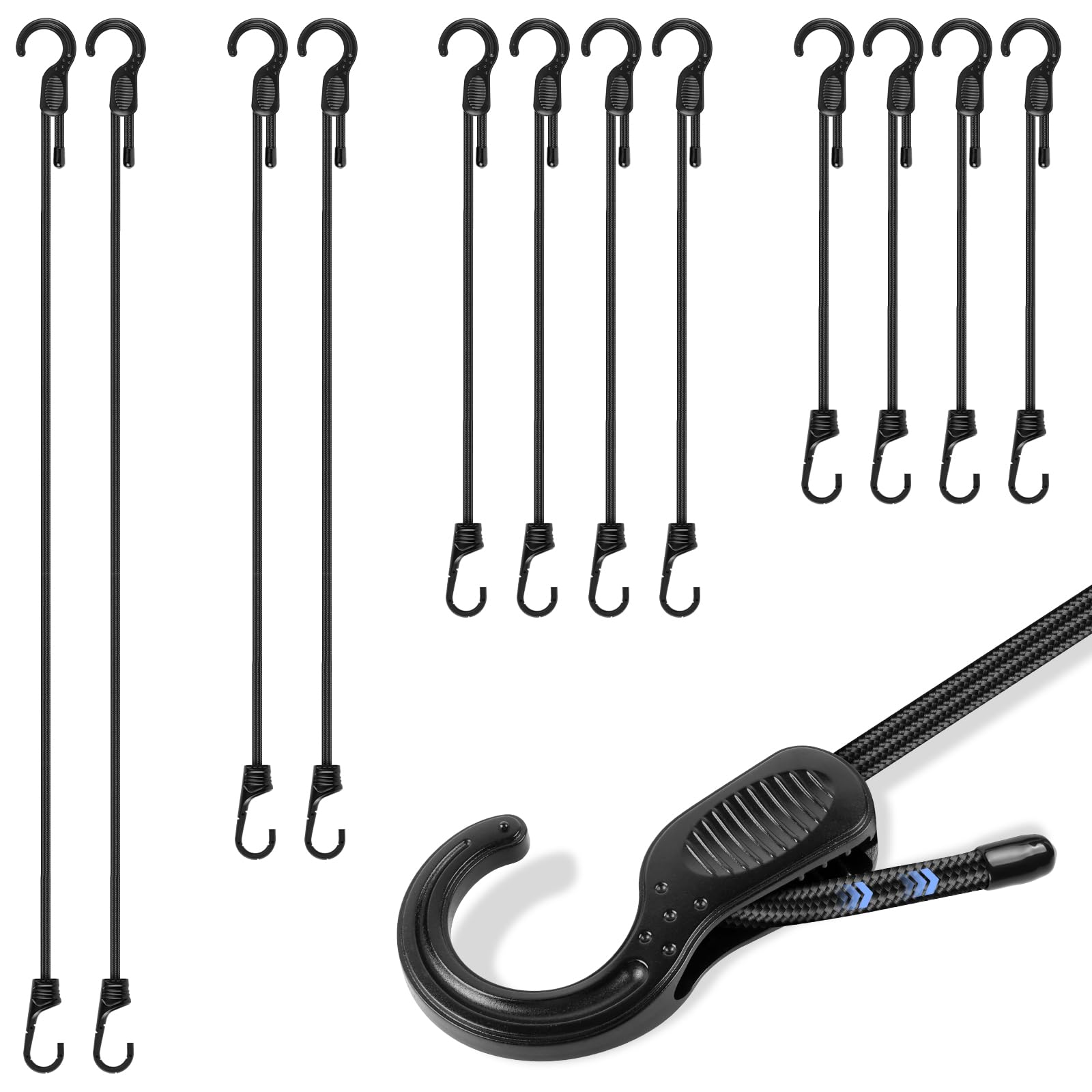 Bungee Cords with Hooks, 12 PCS Freely Adjustable Length Bungee Straps, Multi-purpose Elastic Straps with Hooks - Ideal for Outdoor Camping