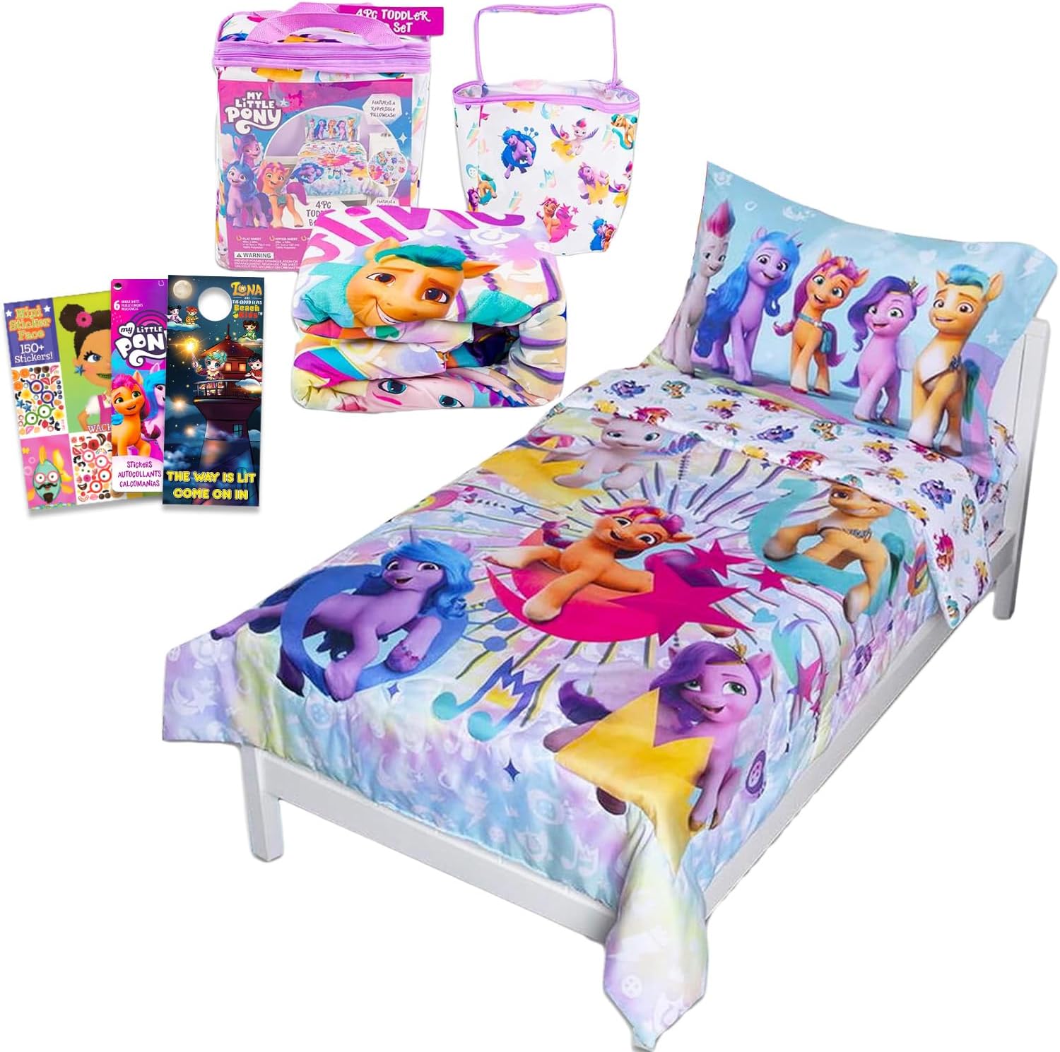 My Little Pony Sheet Set - My Little Pony Bedding Bundle for Toddler Beds Includes 1 Flat Sheet, 1 Fitted Sheet, 1 Pillow Cases, 1 Quilted Bedspread, More | MLP Bedding